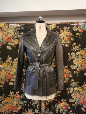 1970s black leather short trench