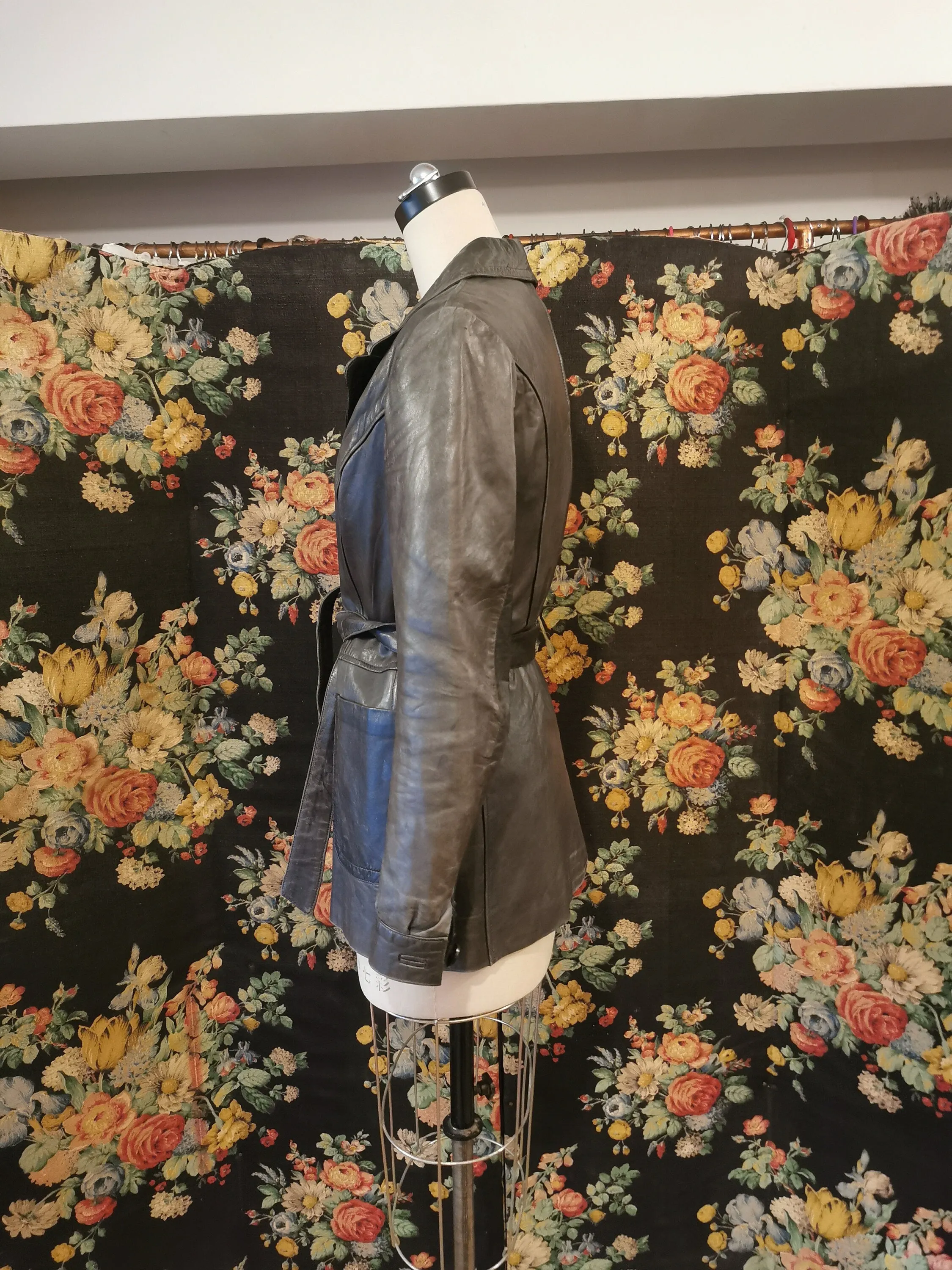 1970s black leather short trench