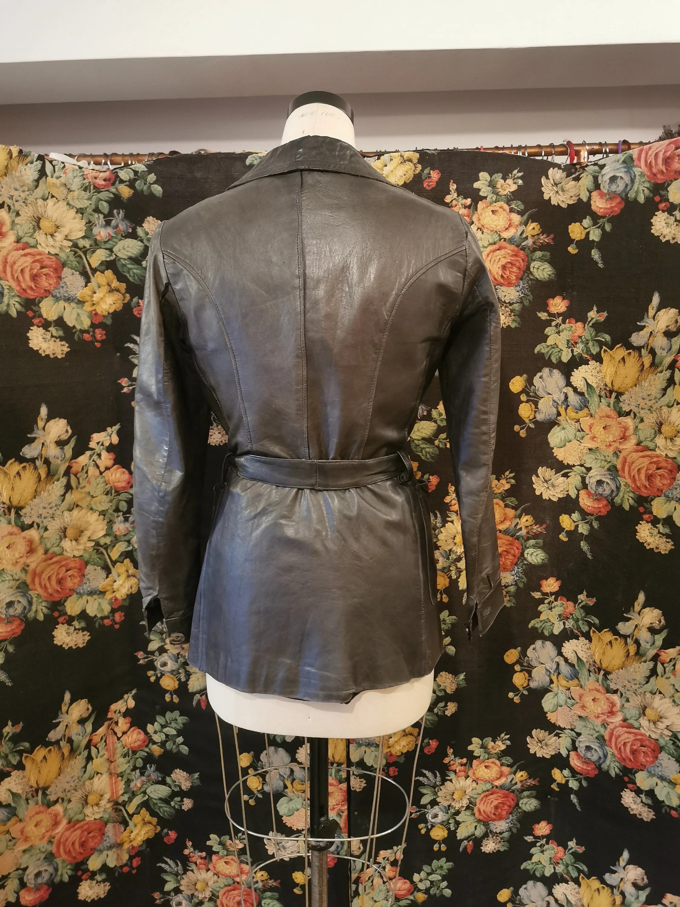 1970s black leather short trench