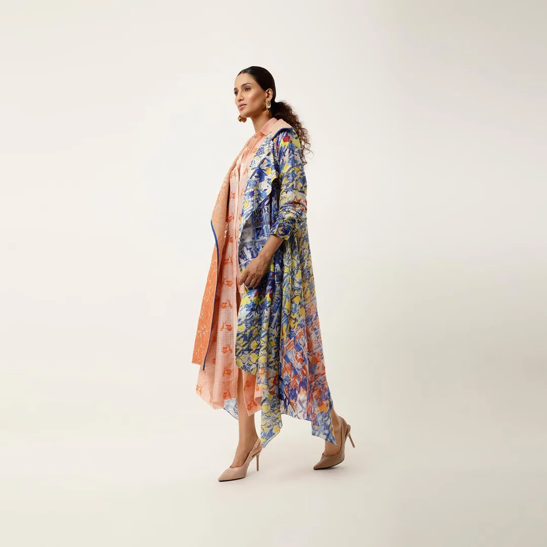 ASSYMTRICAL ORGANZA EMBROIDERED TRENCH WITH AZULEZO PRINT