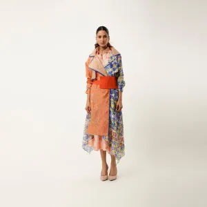 ASSYMTRICAL ORGANZA EMBROIDERED TRENCH WITH AZULEZO PRINT