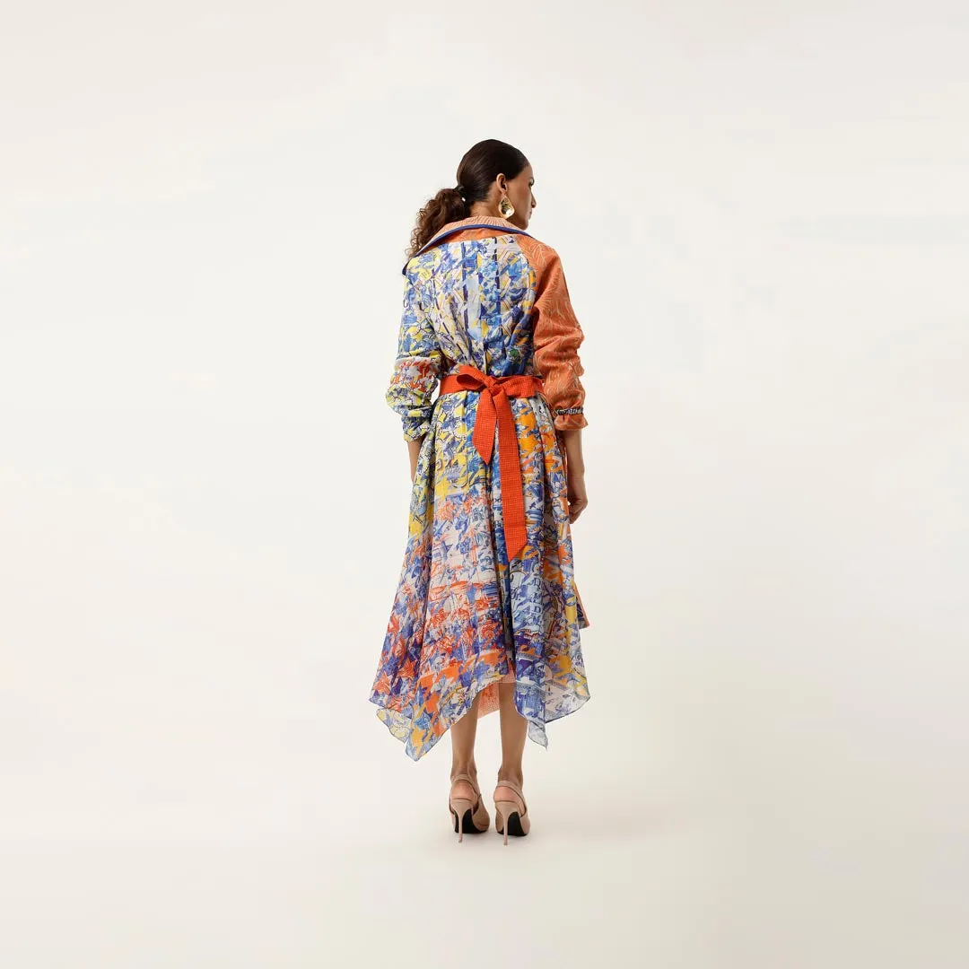 ASSYMTRICAL ORGANZA EMBROIDERED TRENCH WITH AZULEZO PRINT