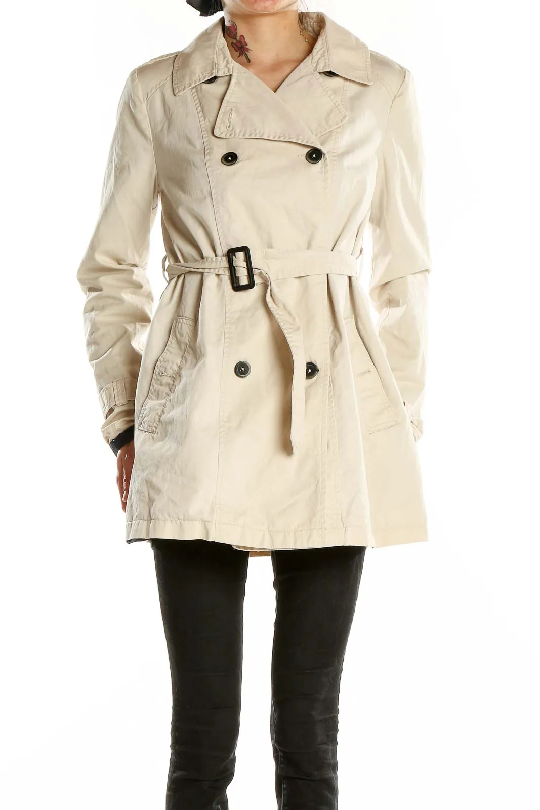 Beige Double-Breasted Belted Trench Coat