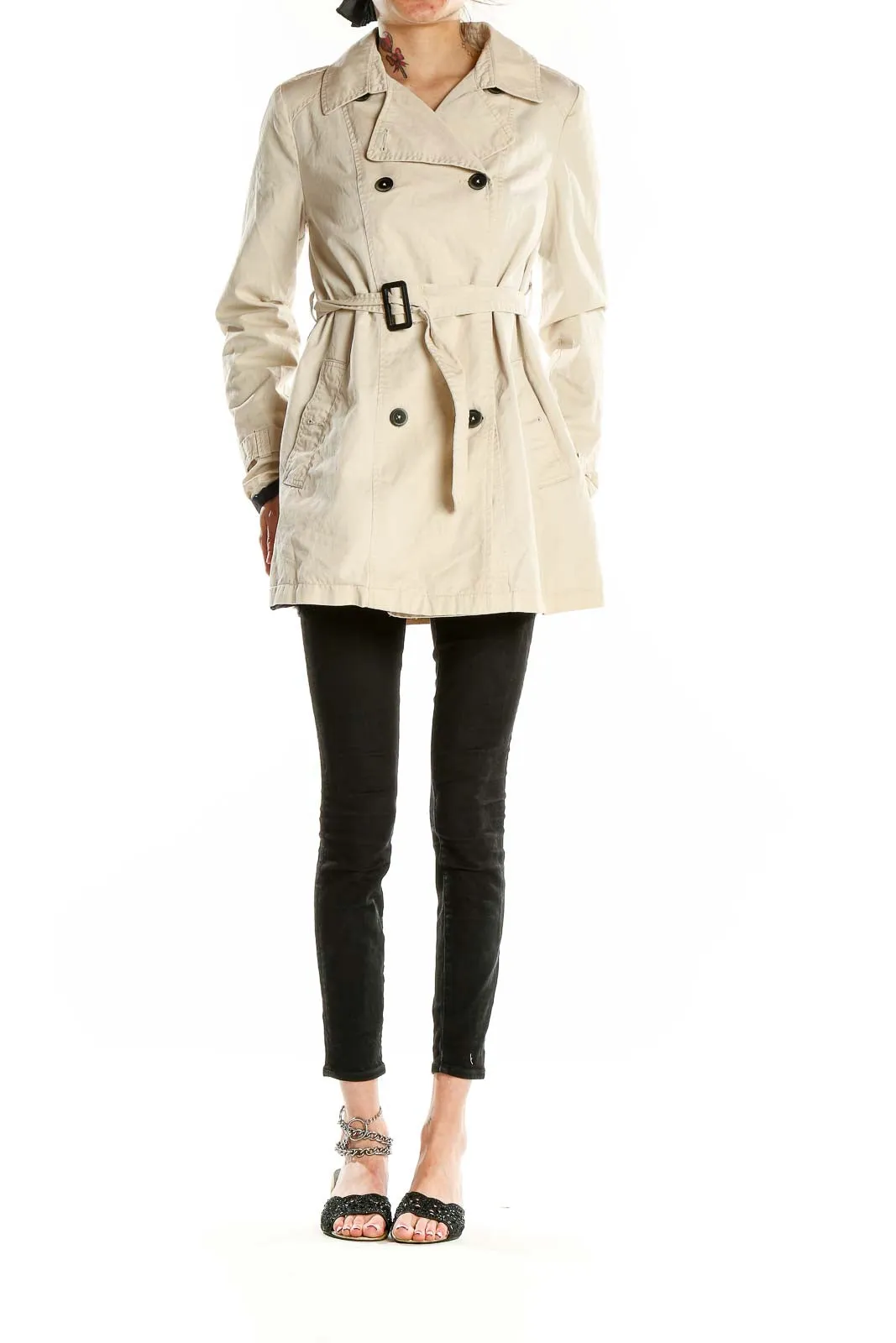 Beige Double-Breasted Belted Trench Coat