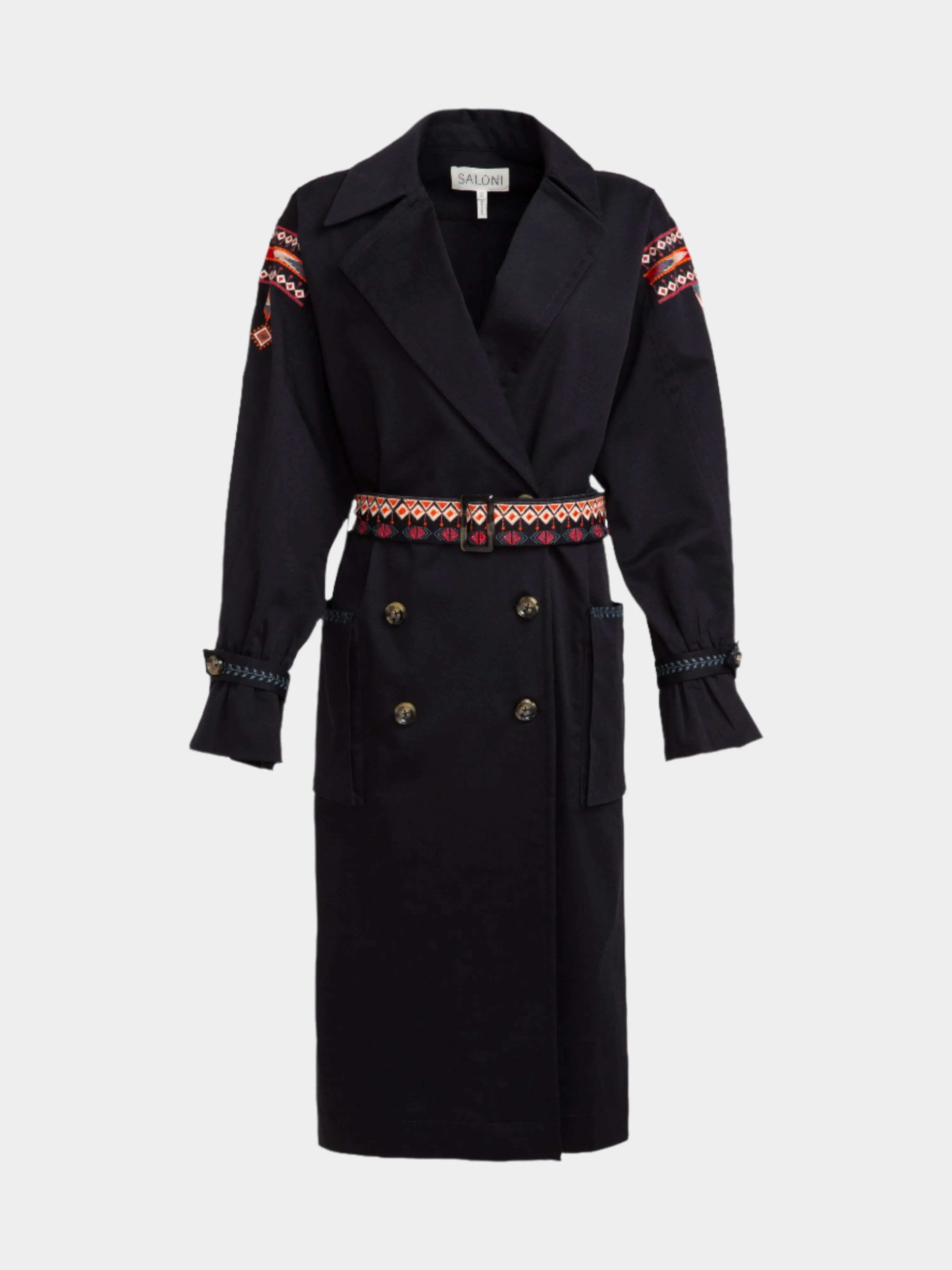 Black Trench With Ikat Embroidery