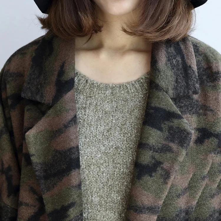 blackish green camouflage casual woolen cardigans oversize pockets long sleeve trench coats