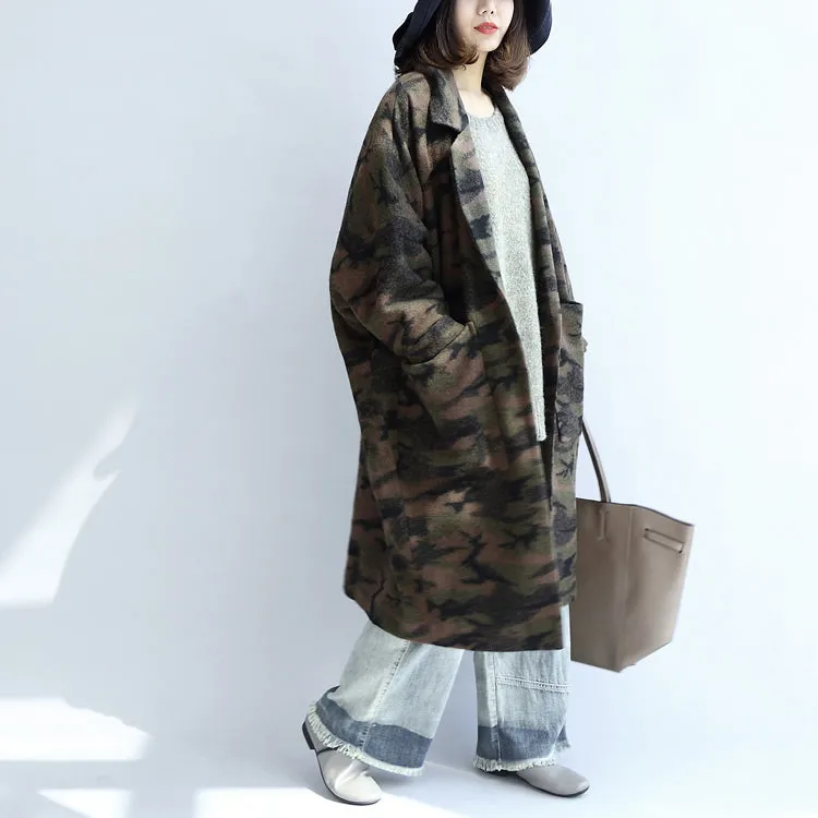 blackish green camouflage casual woolen cardigans oversize pockets long sleeve trench coats