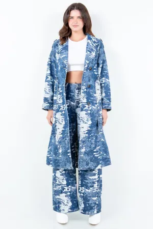 Blue Combo Jacquard Trim Long Trench Coat