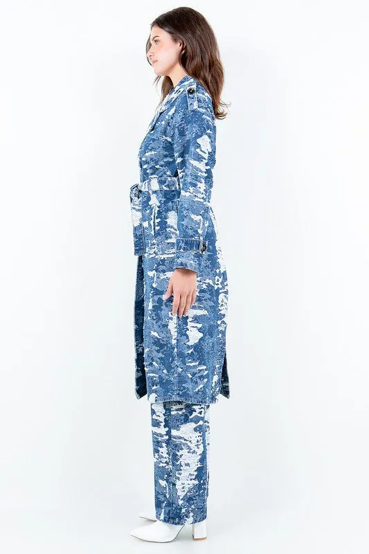 Blue Combo Jacquard Trim Long Trench Coat