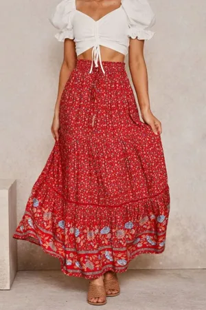 Boho Ditsy Summer Maxi Skirt - Red