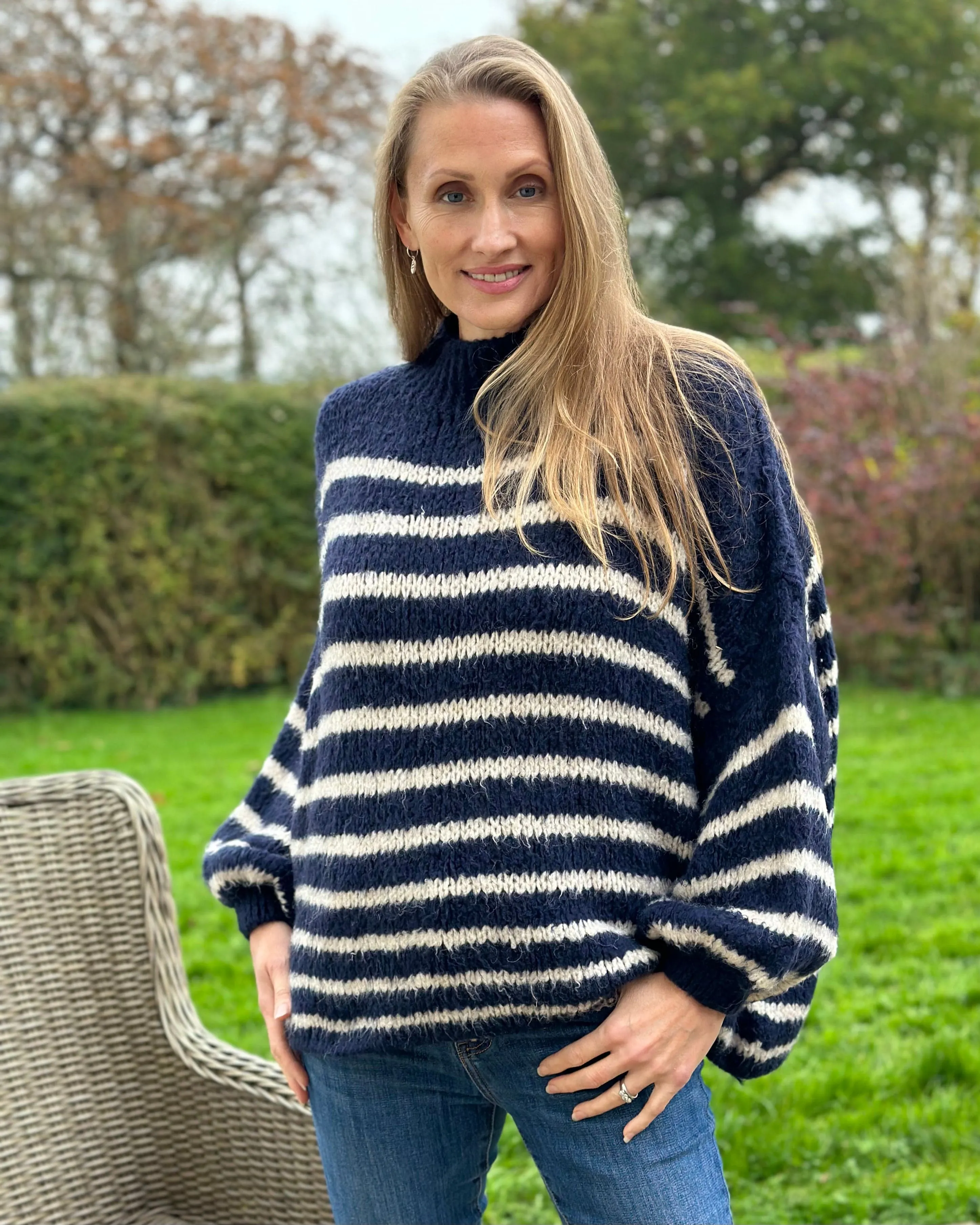 Chunky Knit Striped Jumper - Navy