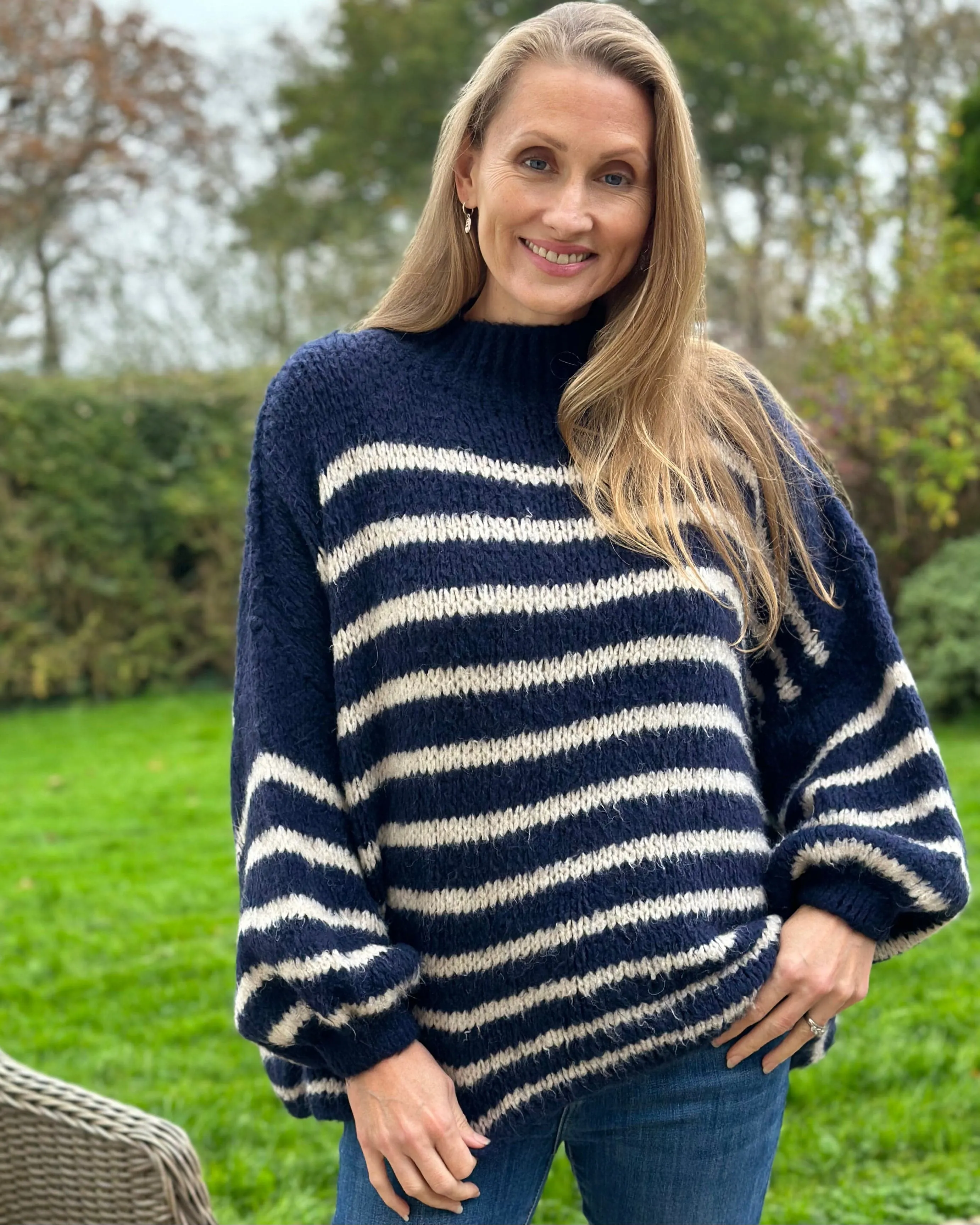 Chunky Knit Striped Jumper - Navy