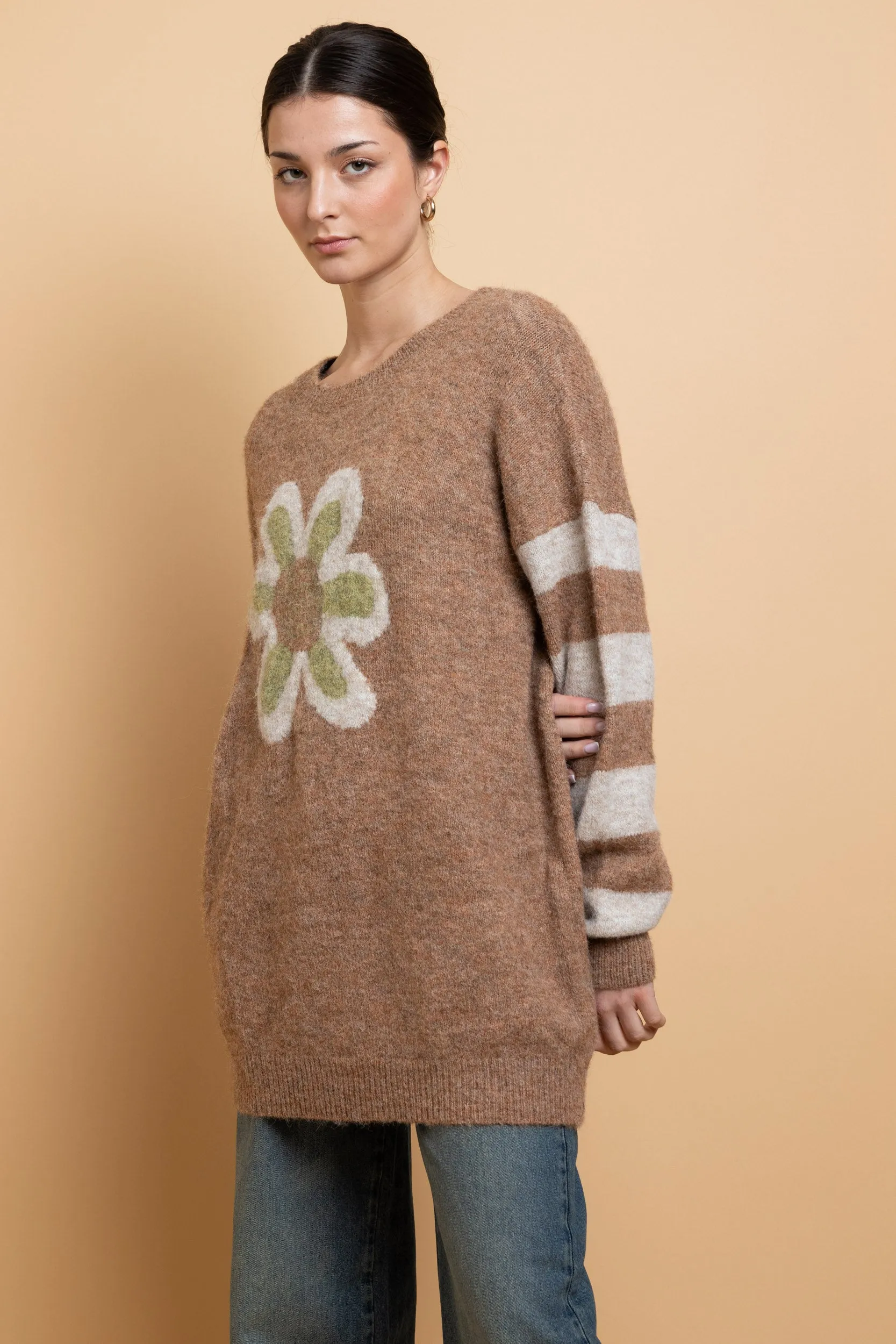 Daisy Street -  Beige Flower Motif Knit Jumper