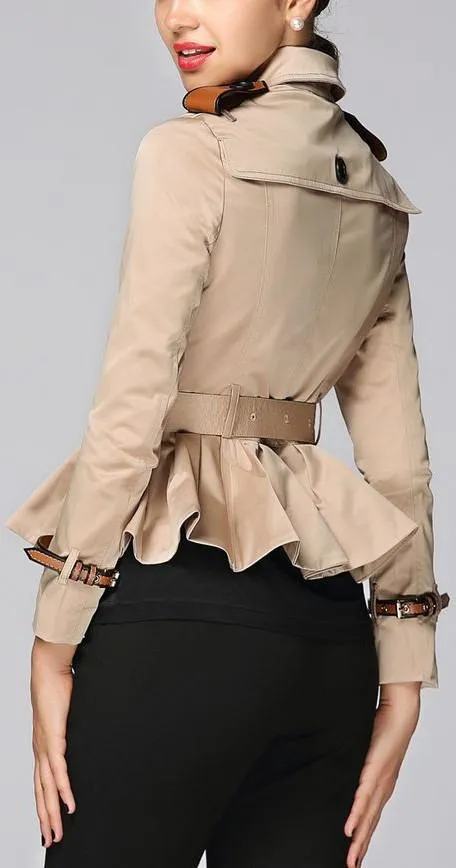 Double-Breasted Short Trench Jacket in Khaki