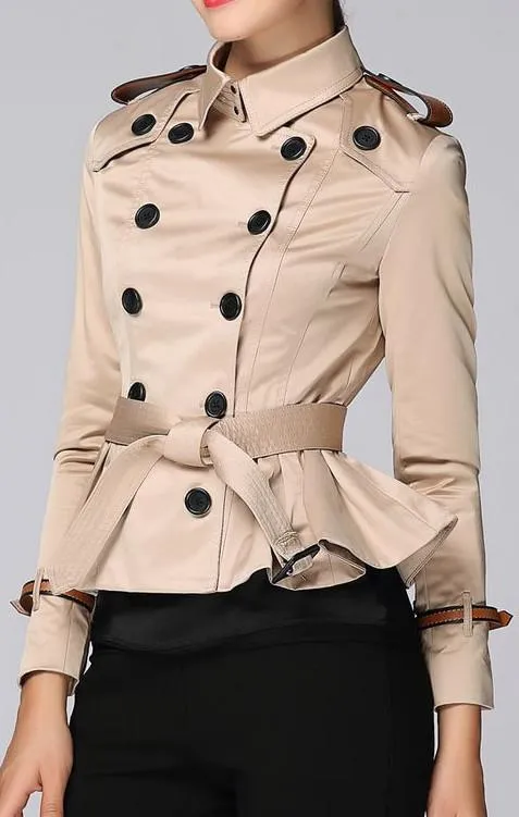 Double-Breasted Short Trench Jacket in Khaki