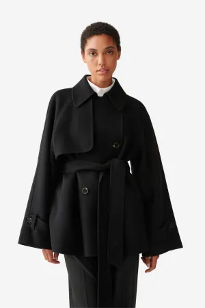 Double Faced Wool Short Trench Black