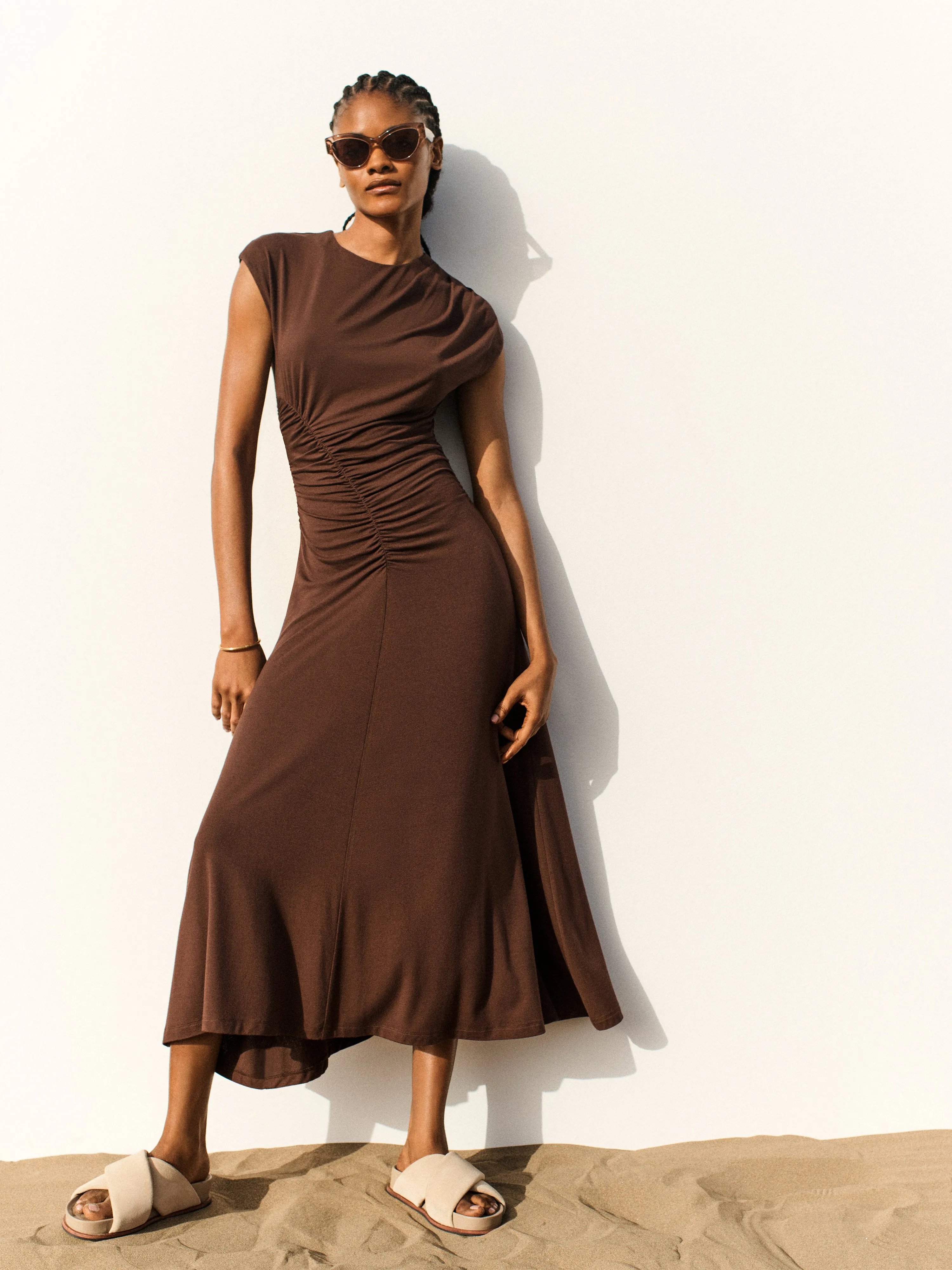 Drape Pleat Jersey Dress | Brown