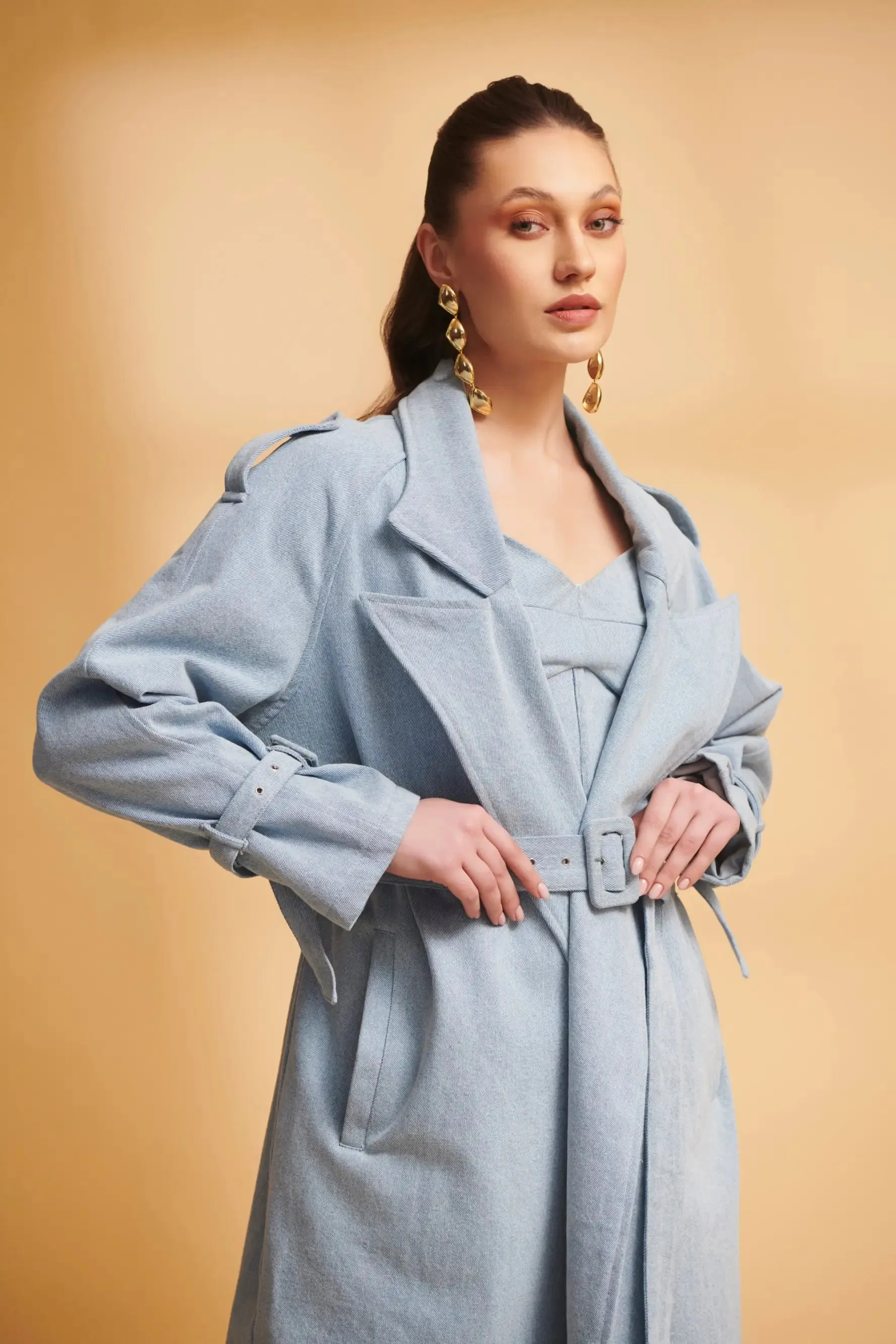 ETHER Denim Trench and Cutwork Jeans Co-ord Set