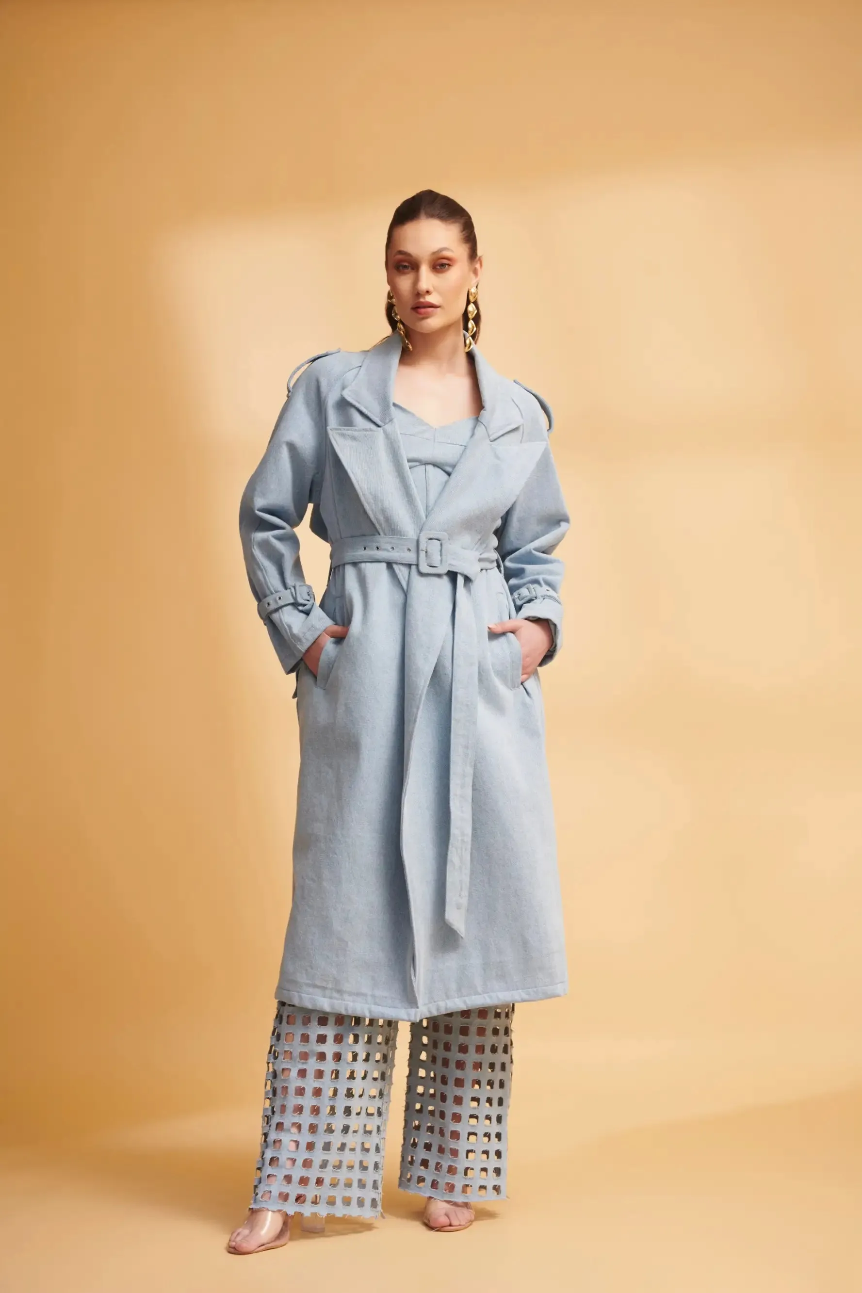 ETHER Denim Trench and Cutwork Jeans Co-ord Set