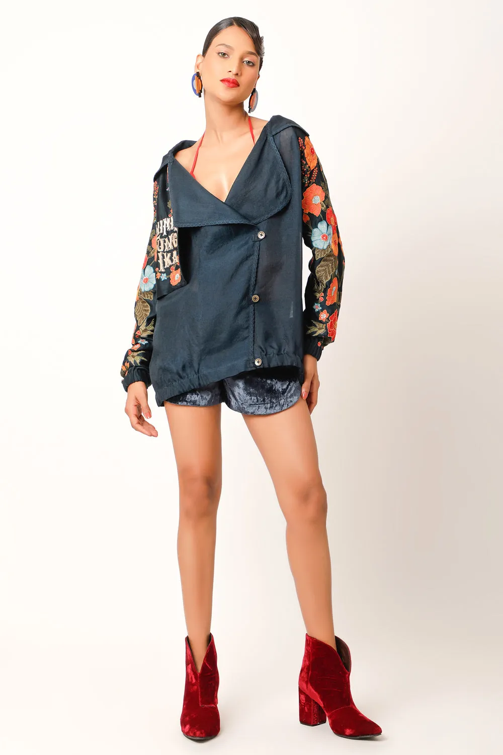 Foliage Embroidered Trench Bomber Jacket