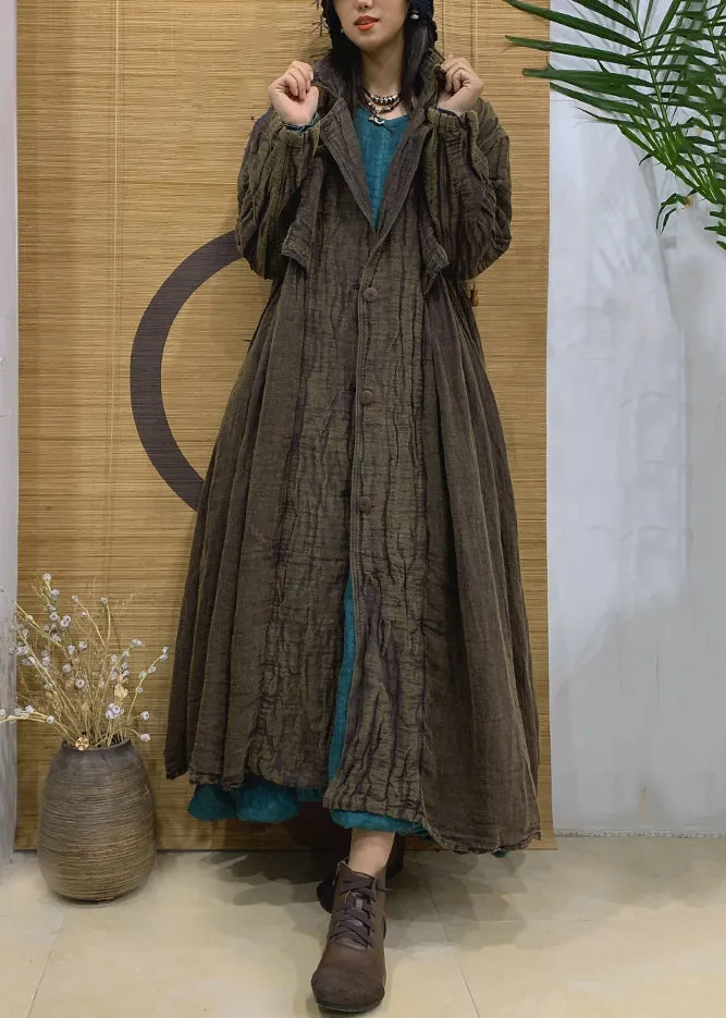 Green Pockets Linen Long Trench Coat Notched Long Sleeve AA1005