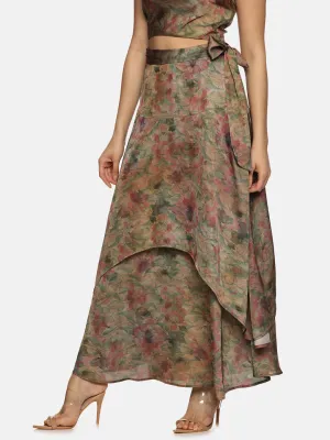 IS.U Floral Brown Asymmetrical Flare Maxi Skirt