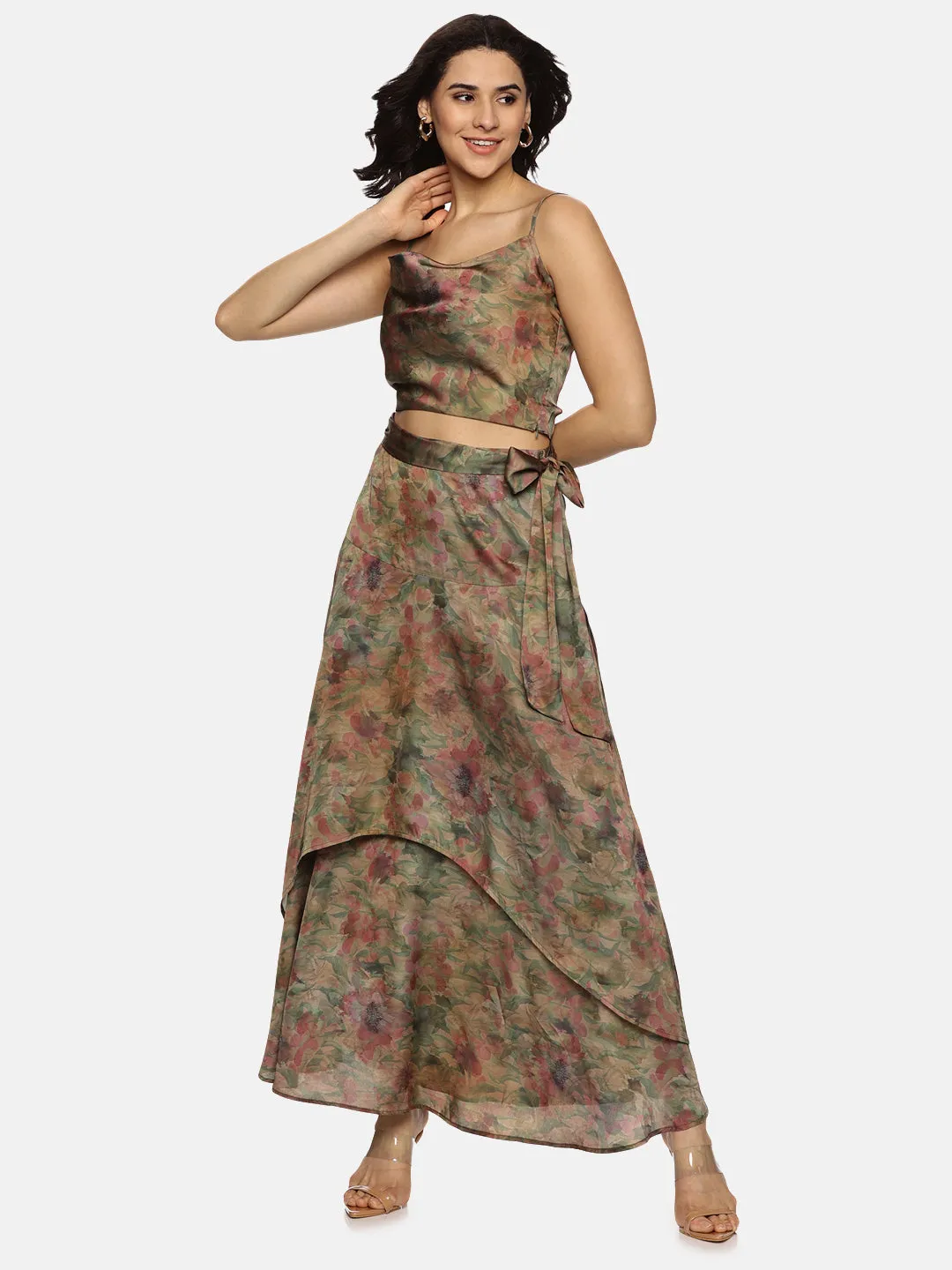 IS.U Floral Brown Asymmetrical Flare Maxi Skirt