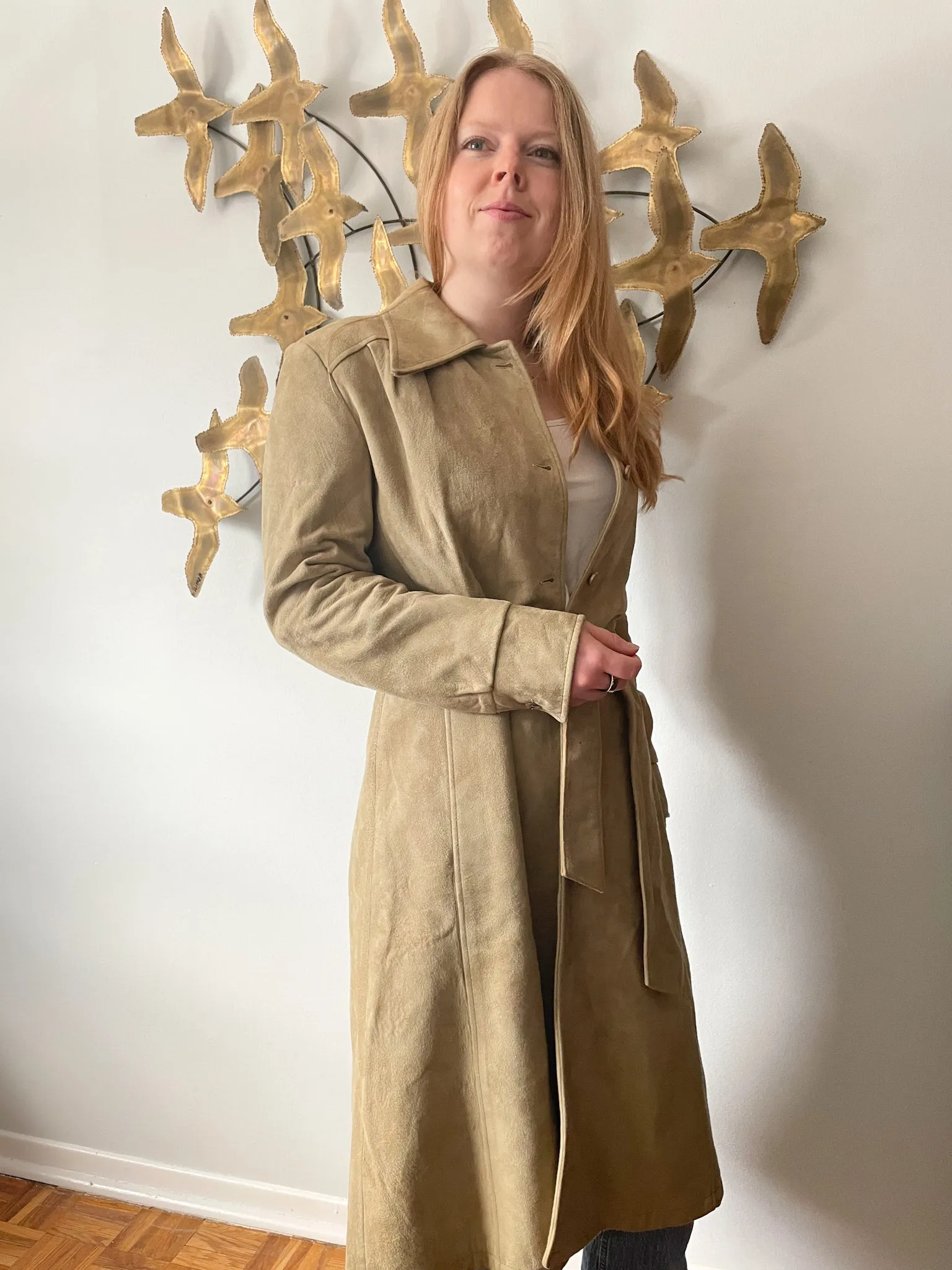 JJ Vintage Beige Suede Trench Dress Jacket - Small