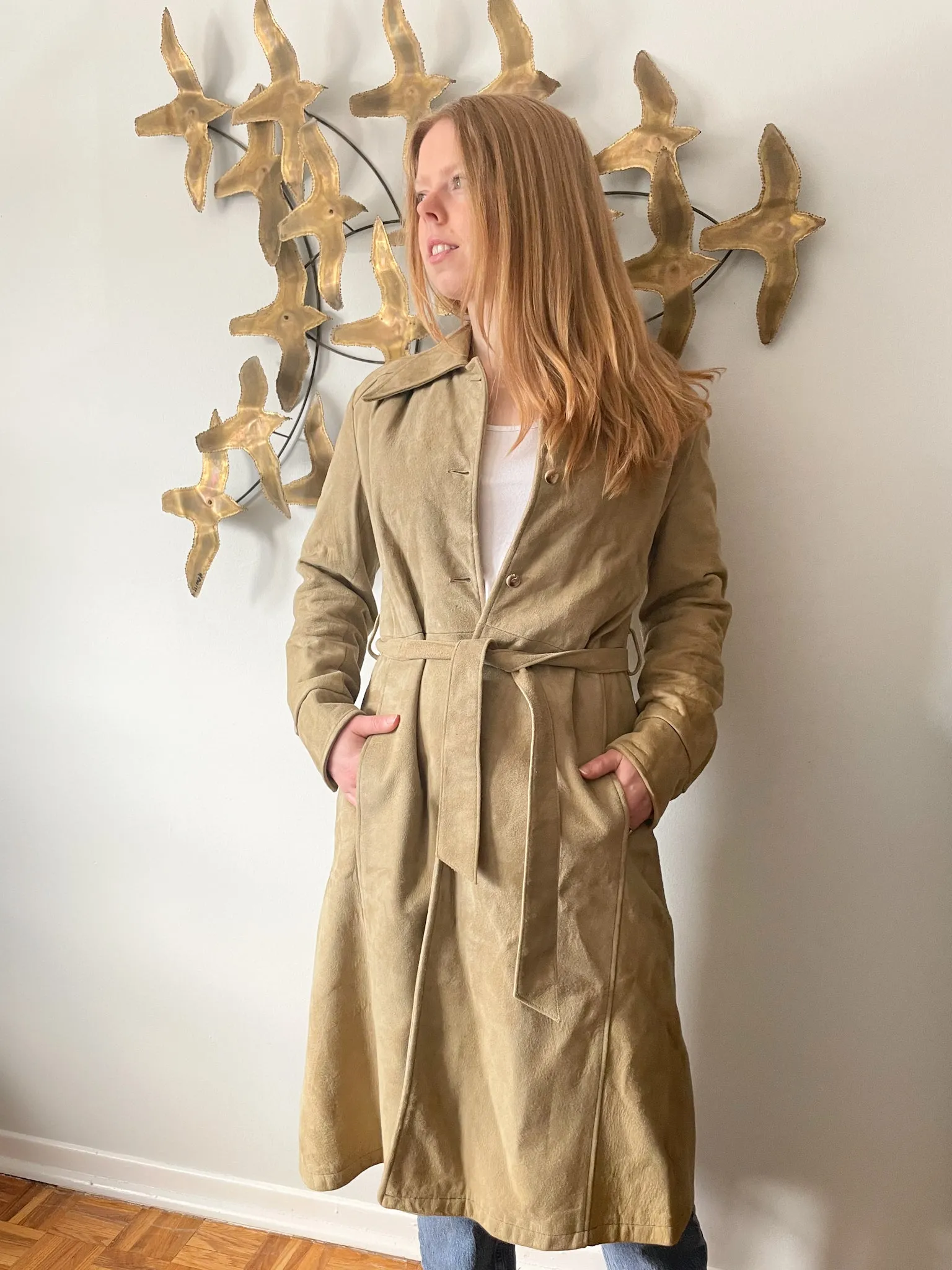 JJ Vintage Beige Suede Trench Dress Jacket - Small