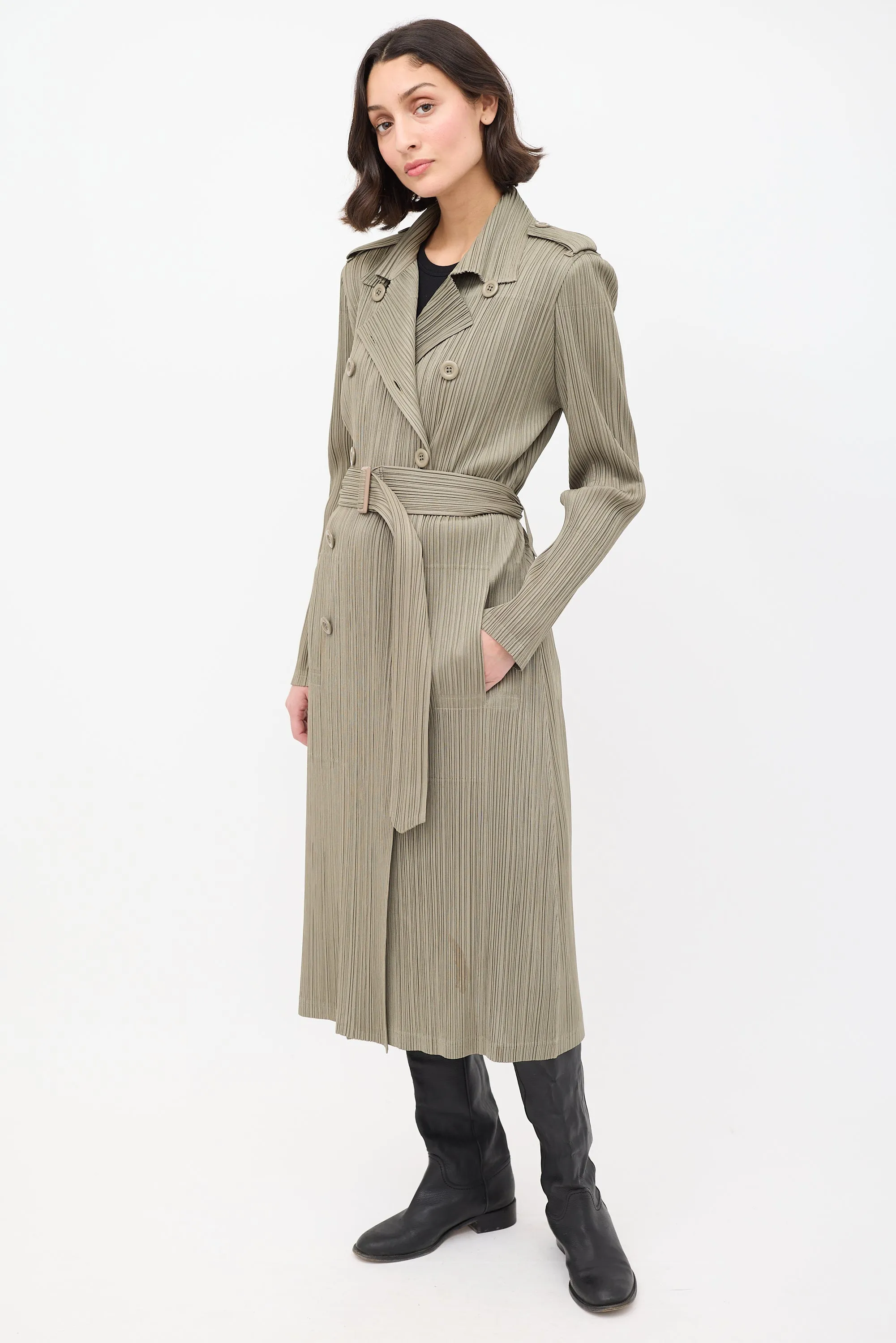 Khaki Green Pleated Belted Trench Coat