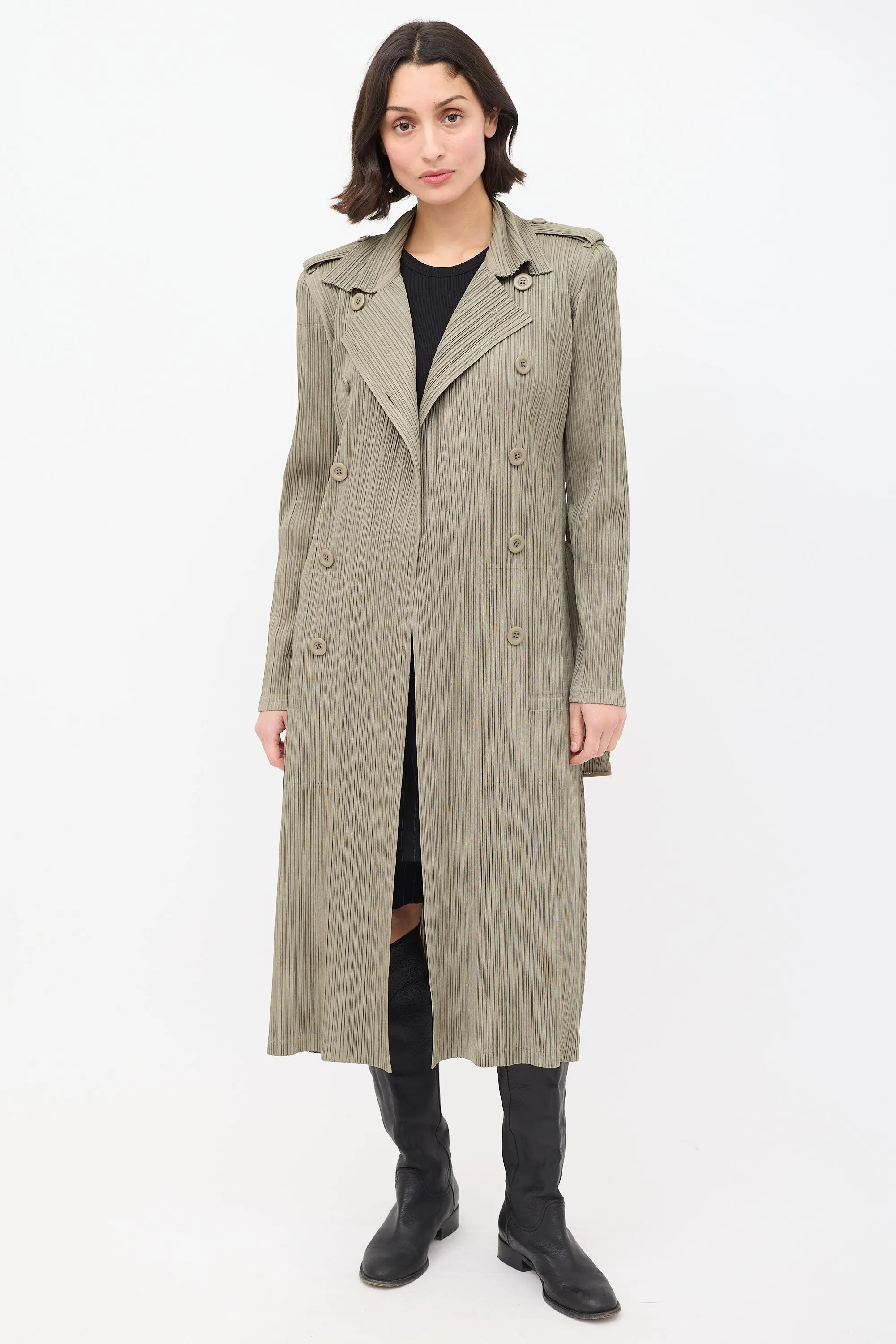 Khaki Green Pleated Belted Trench Coat