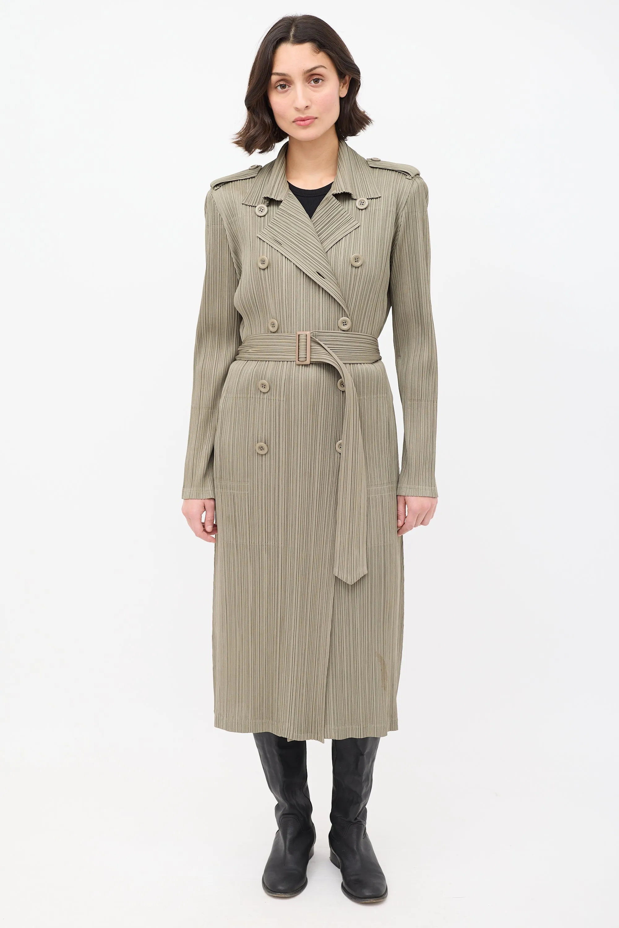 Khaki Green Pleated Belted Trench Coat