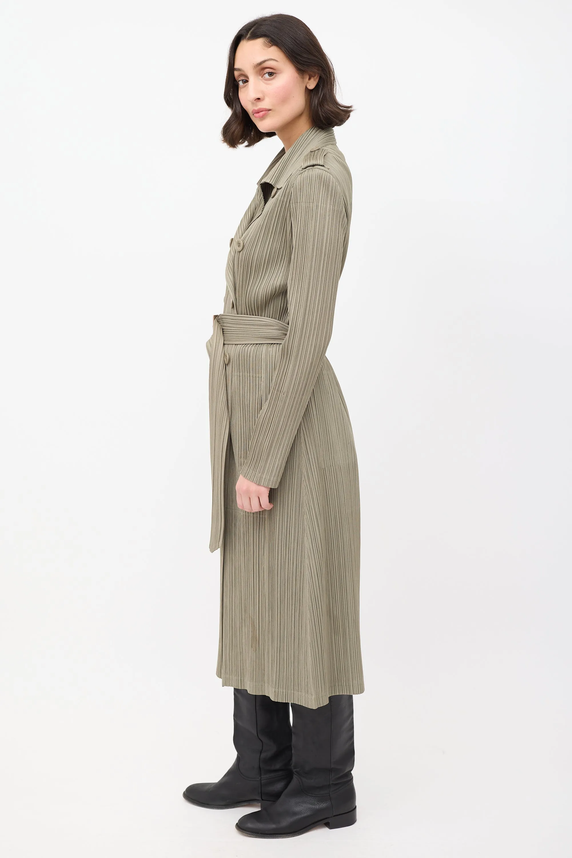 Khaki Green Pleated Belted Trench Coat