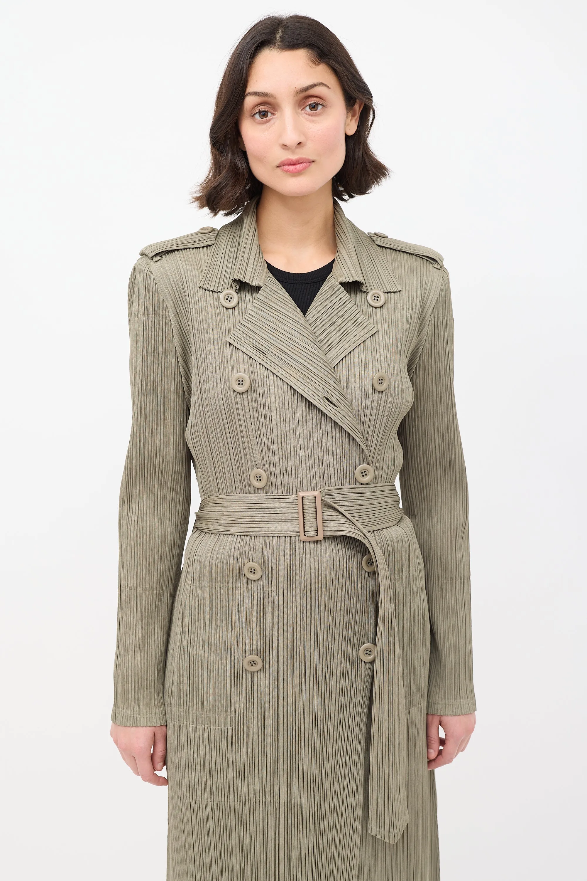 Khaki Green Pleated Belted Trench Coat