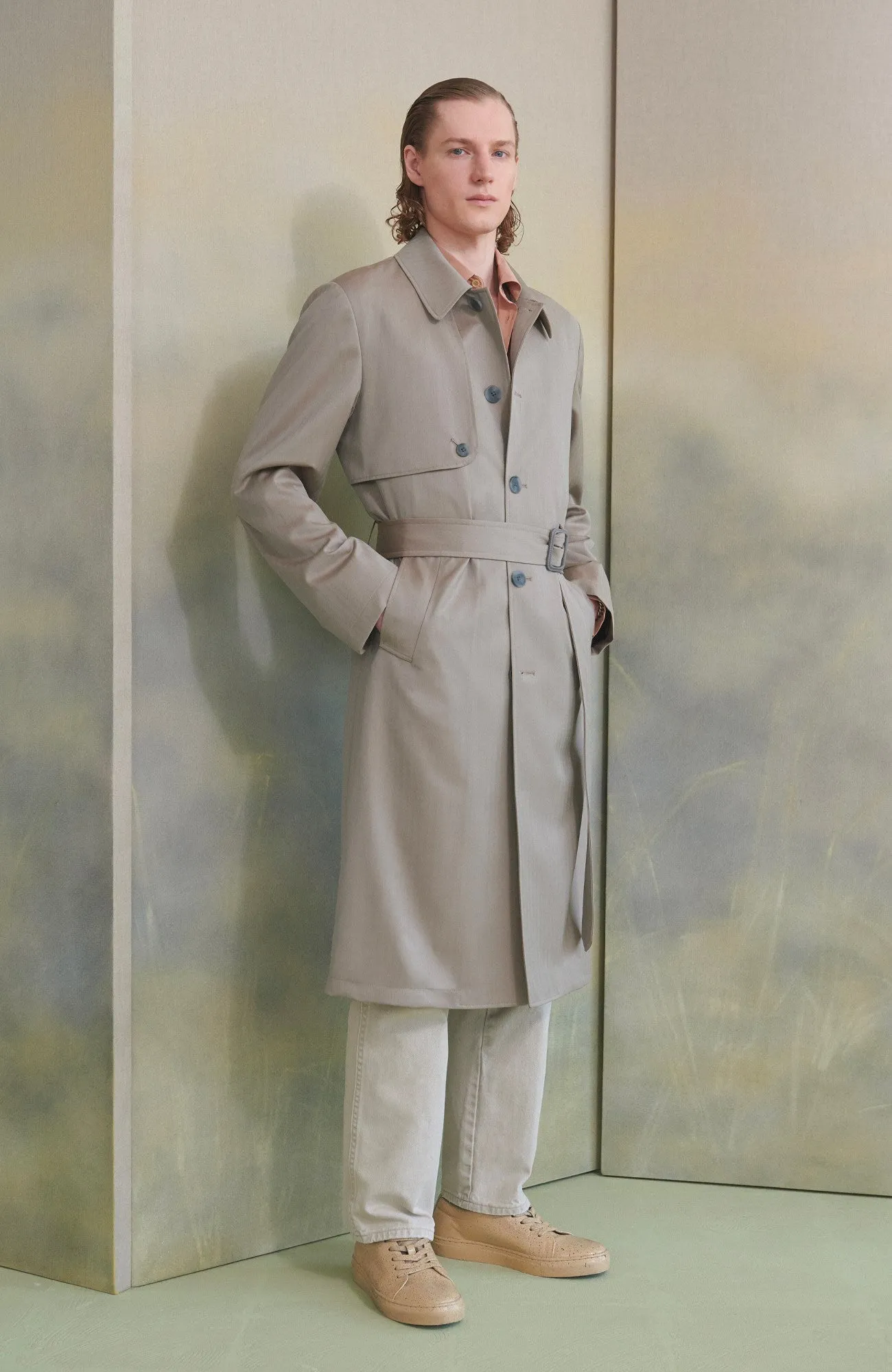 MAN RAY KHAKI HERRINGBONE WOOL TRENCH COAT