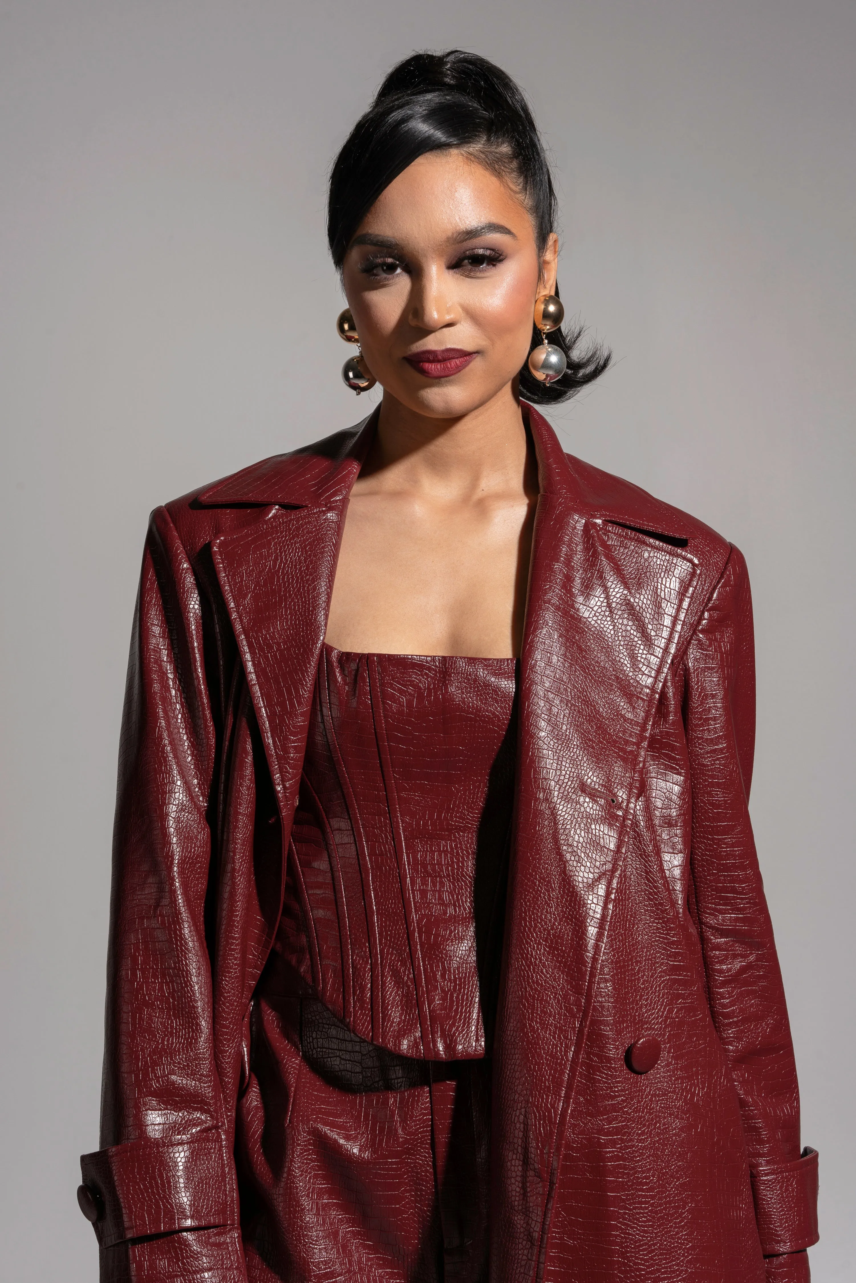 ONO Faux Leather Trench jacket in Burgundy