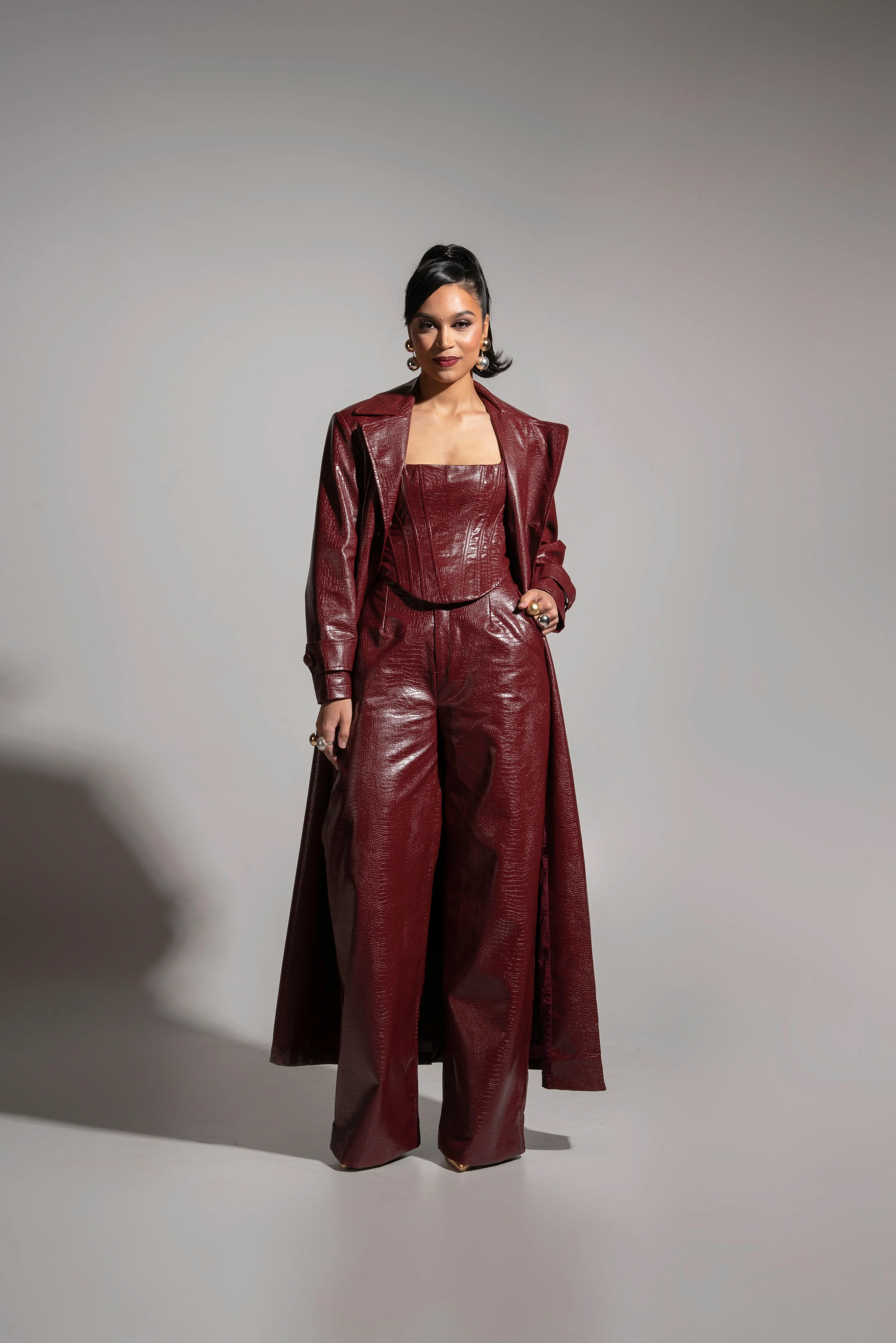 ONO Faux Leather Trench jacket in Burgundy