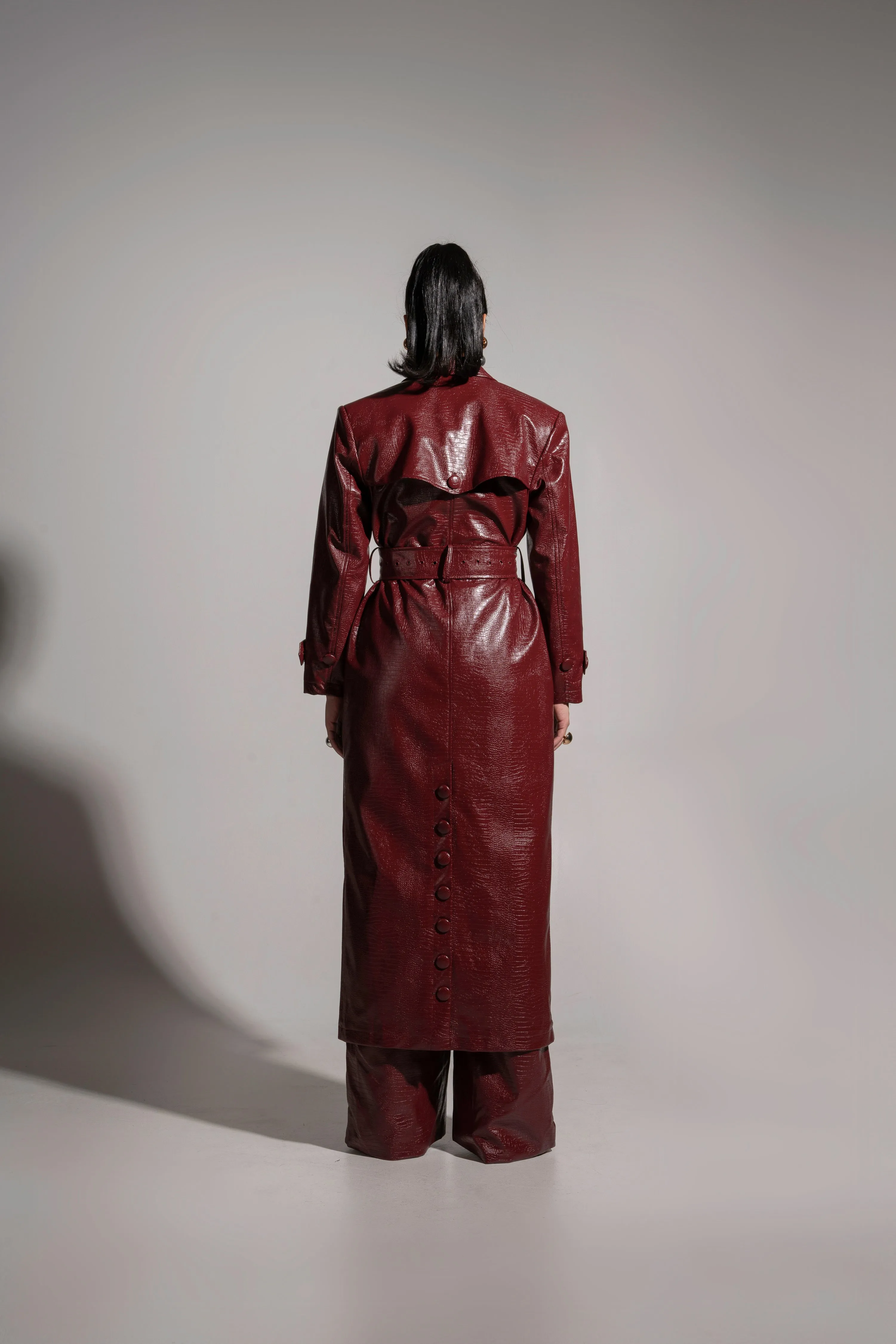 ONO Faux Leather Trench jacket in Burgundy