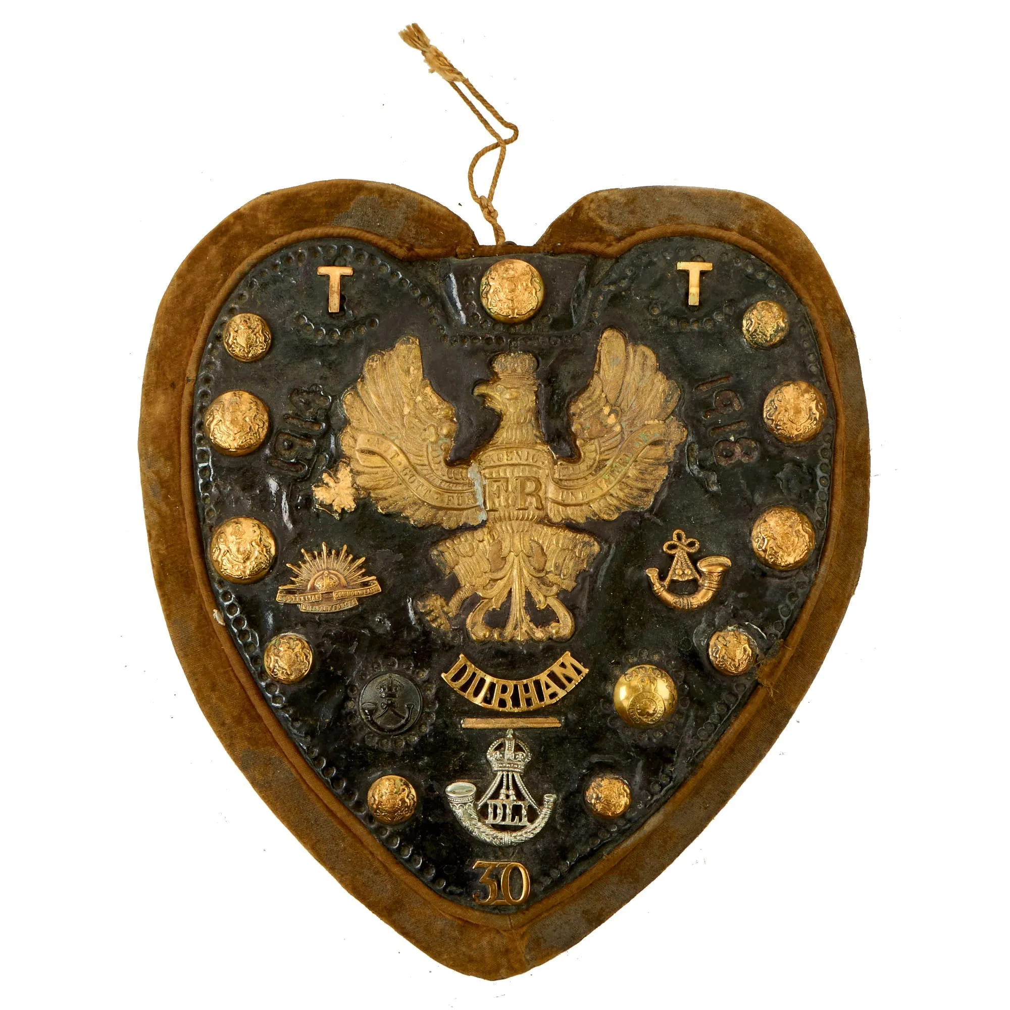 Original British WWI Era Heart Shaped Trench Art For The Durham Light Infantry With Buttons, Insignia and Imperial German Prussian Wappen Pickelhaube Plate