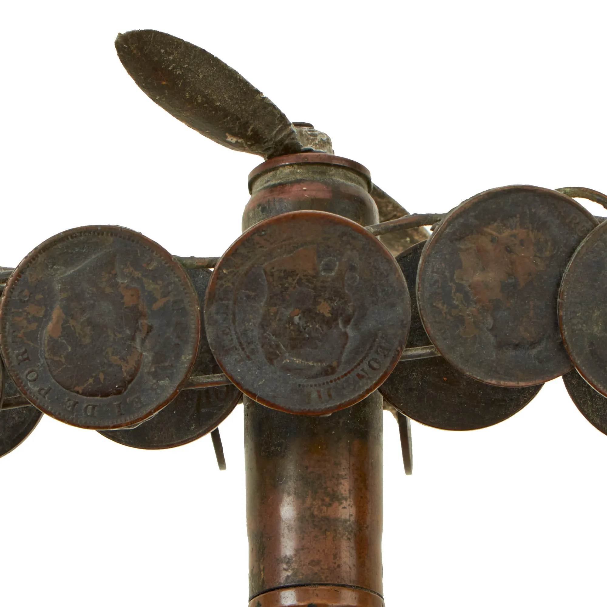 Original British WWI Trench Art Biplane Constructed From Coins and Inert Large Caliber Round As Featured In The Book “Trench Art, An Illustrated History” by Jane Kimball on Page 171