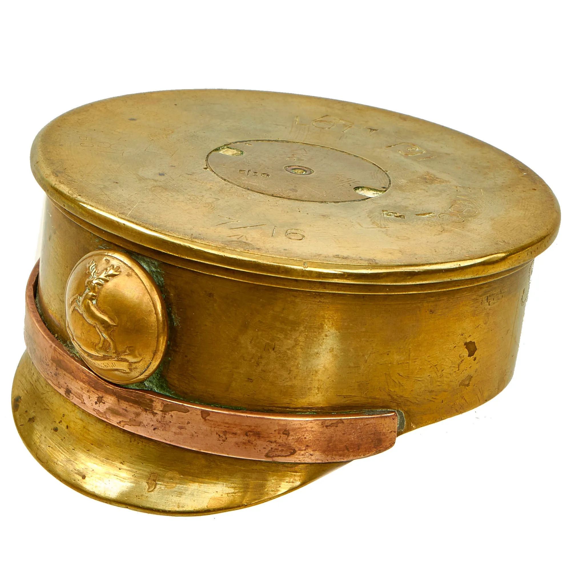 Original British WWI Trench Art Peaked Visor Cap As Featured In The Book “Trench Art, An Illustrated History” by Jane Kimball on Page 172 - Huntingdonshire Cyclist Battalion