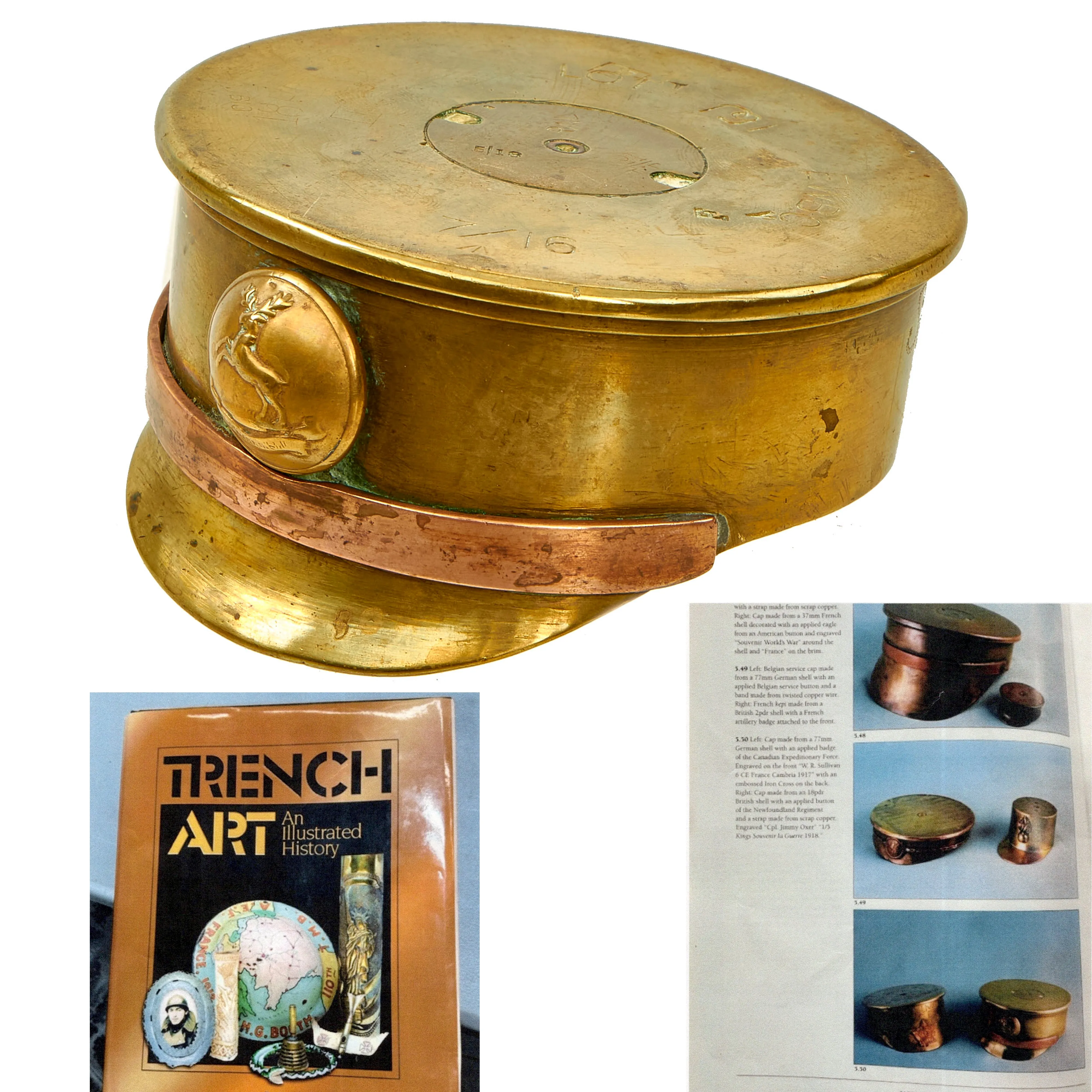 Original British WWI Trench Art Peaked Visor Cap As Featured In The Book “Trench Art, An Illustrated History” by Jane Kimball on Page 172 - Huntingdonshire Cyclist Battalion