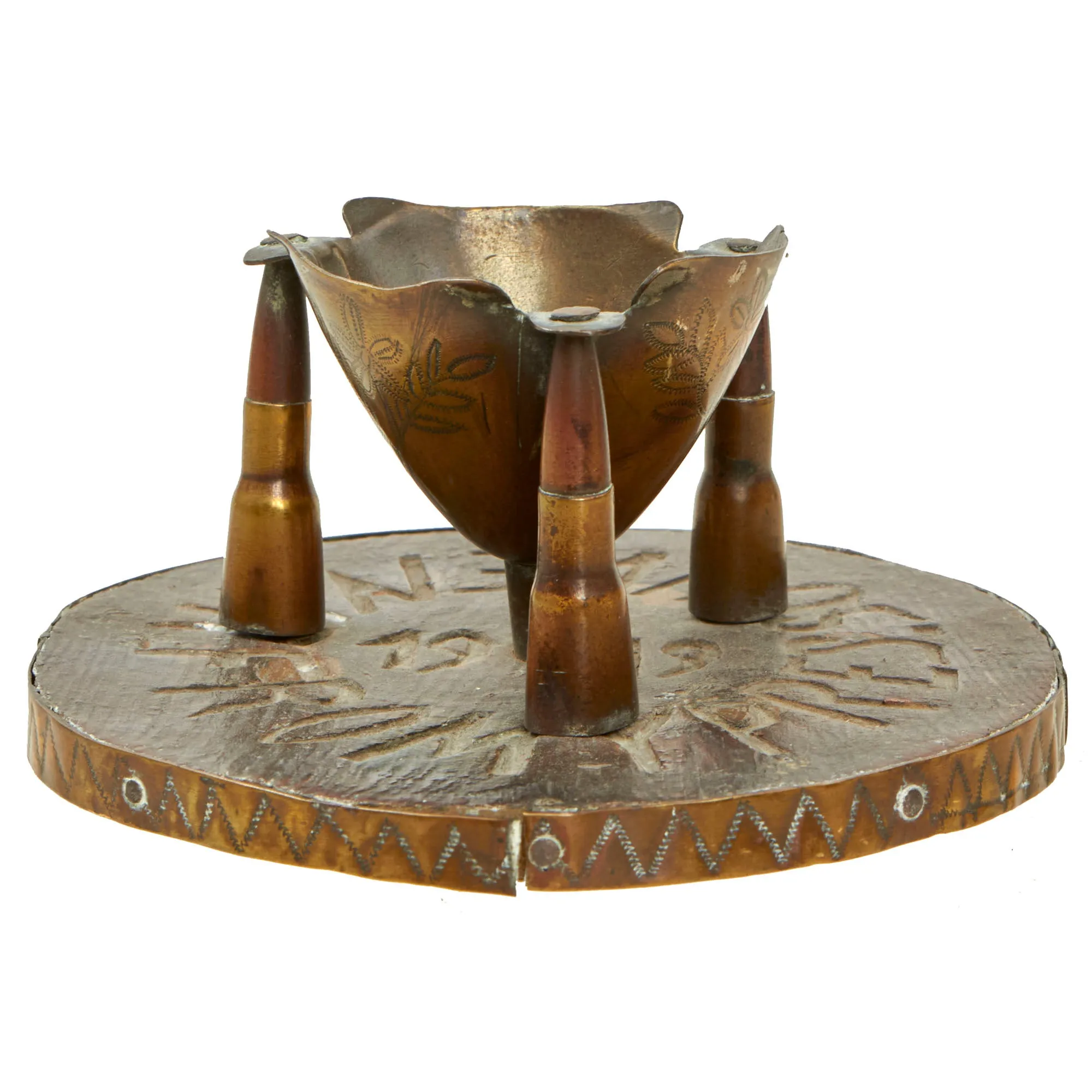 Original British WWI Ypres Souvenir Artillery Shell Casing “Egg Cup” With Wood Base - Featured In The Book “Trench Art, An Illustrated History” by Jane Kimball on Page 387