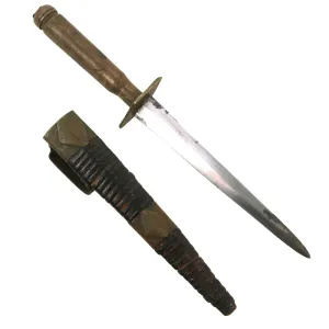 Original British WWII Fairbairn-Sykes Style Trench Knife with Bullet Casing Handle & Leather-Wrapped Scabbard