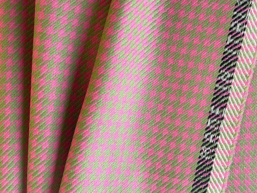 Peppermint Pink & Mossy Sage Hounds-Tooth Virgin Wool Twill (Made in Italy)