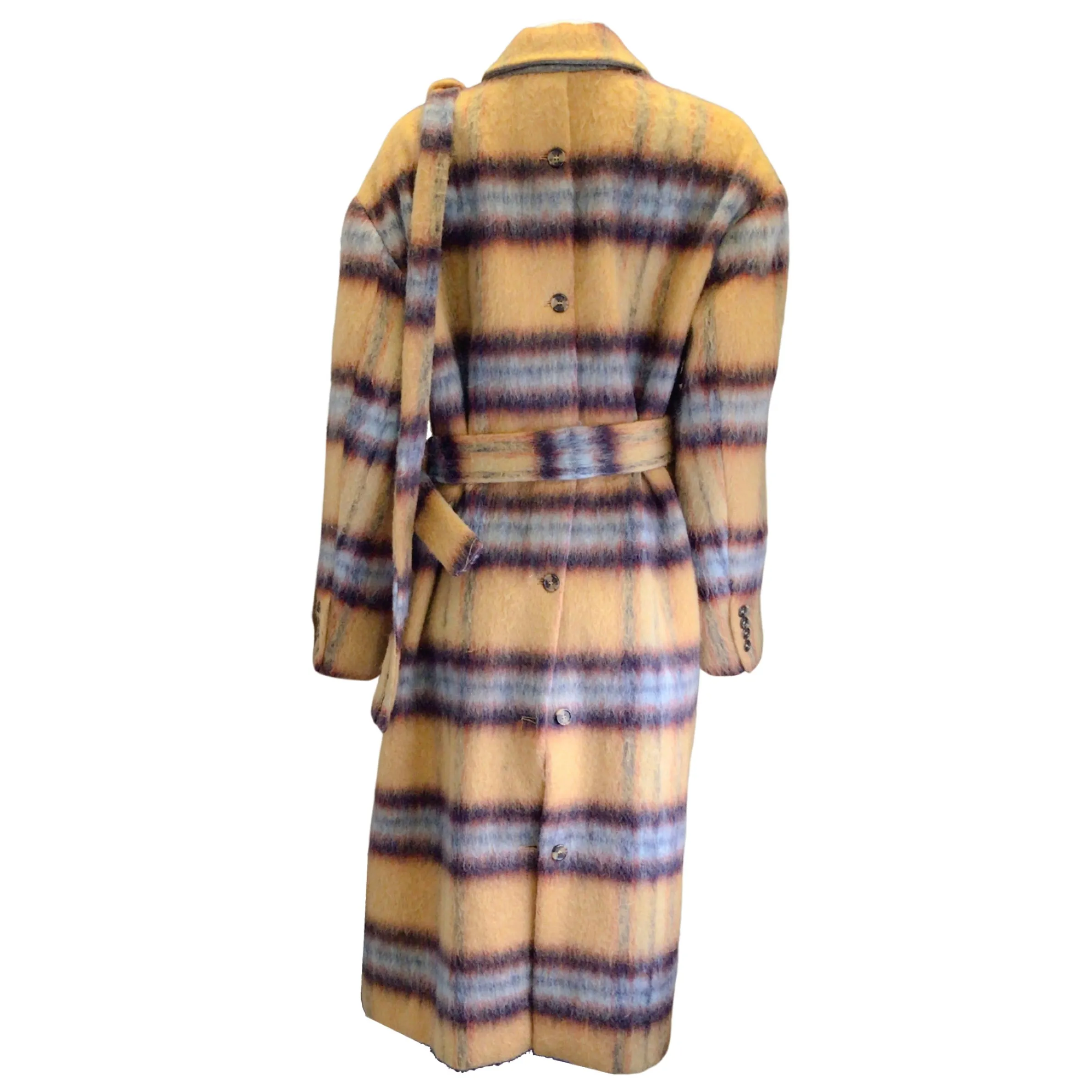 Rokh Mustard Yellow / Blue Multi Plaid Pattern Wool Trench Coat