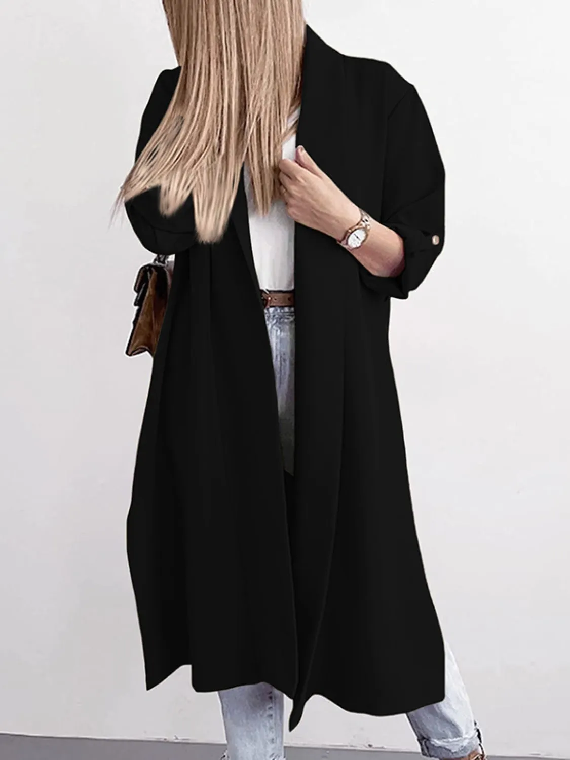 RS: Slit Open Front Roll-Tab Sleeve Trench Coat