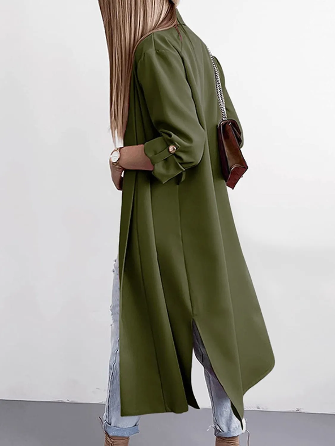 RS: Slit Open Front Roll-Tab Sleeve Trench Coat