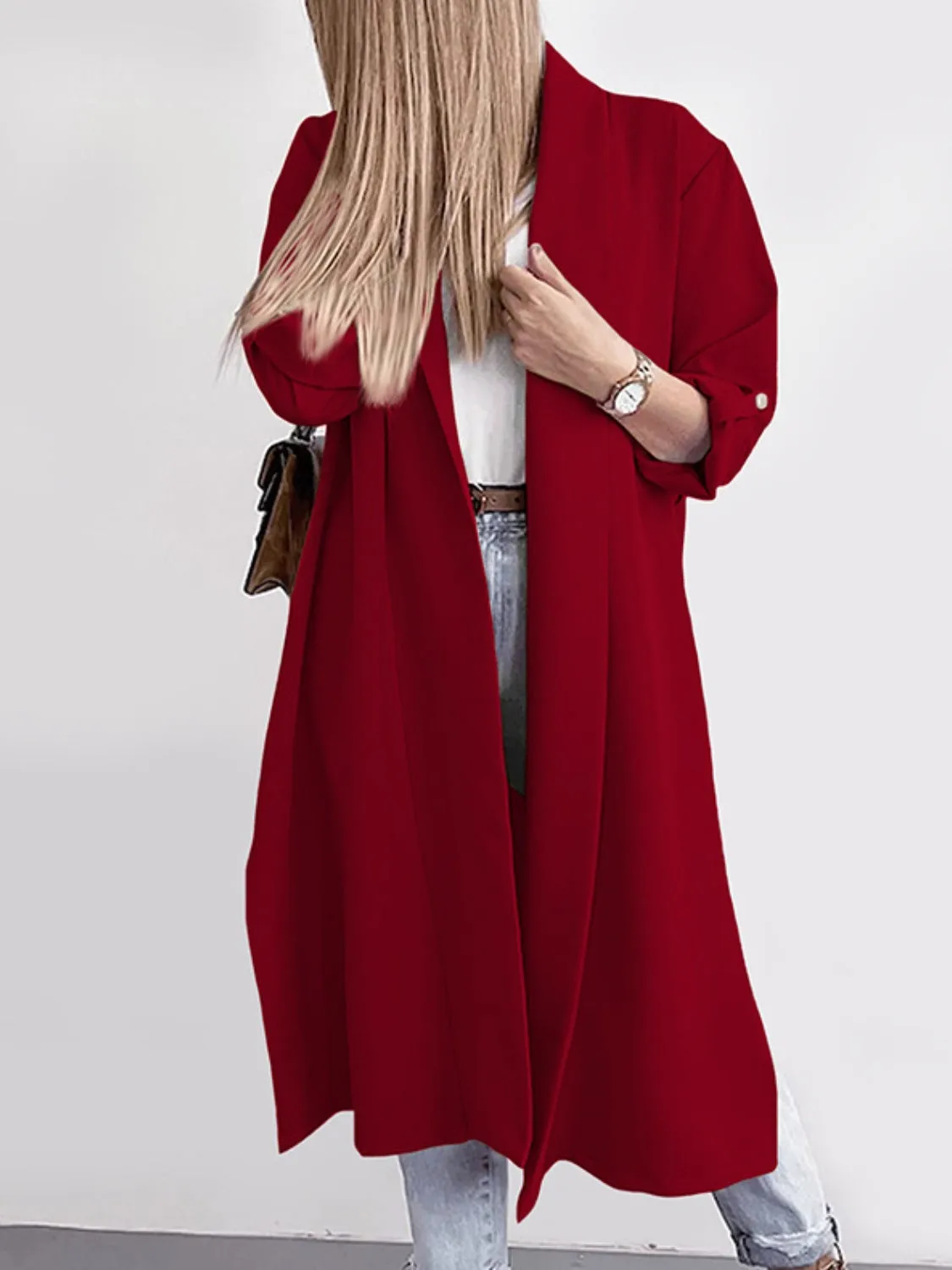 RS: Slit Open Front Roll-Tab Sleeve Trench Coat