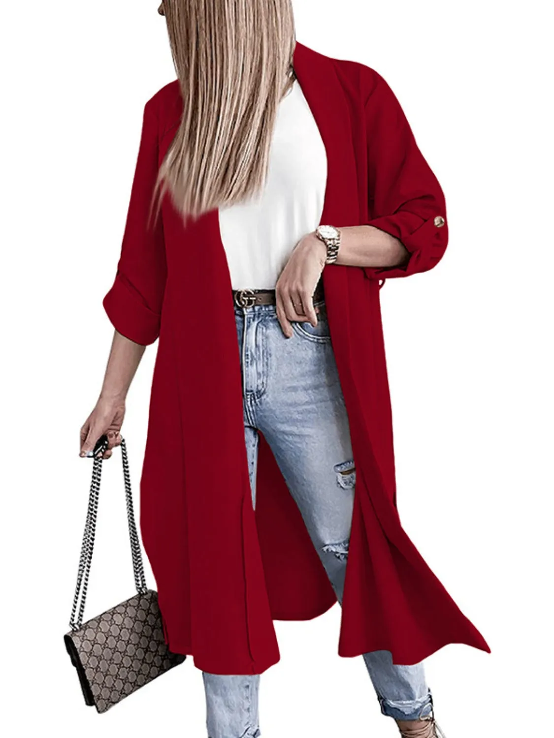 RS: Slit Open Front Roll-Tab Sleeve Trench Coat